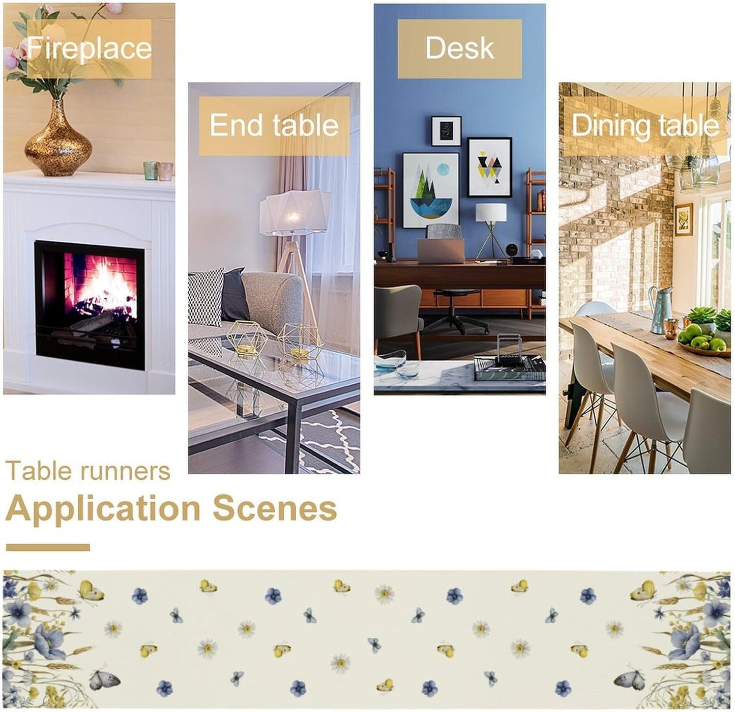 Floral Table Runner, Spring Watercolor Flower Plants Nature Butterfly Table Runner for Kitchen Dinner Living Room Home Party, 13x36 Inch