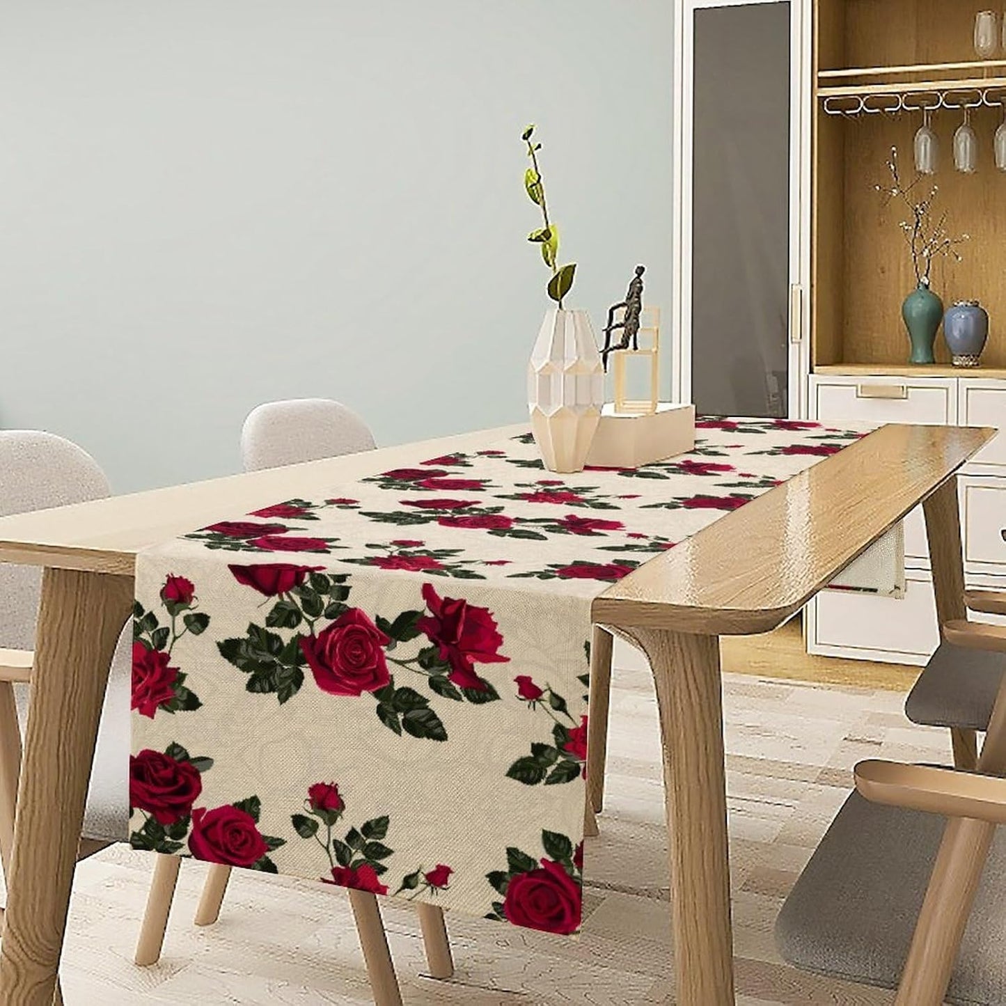 Vintage Rose Table Runner, Red Flowers Green Leaves Valentine's Day Table Runner for Kitchen Dinning Table Runner Decor Home Wedding Party Holiday, 13x90 Inch