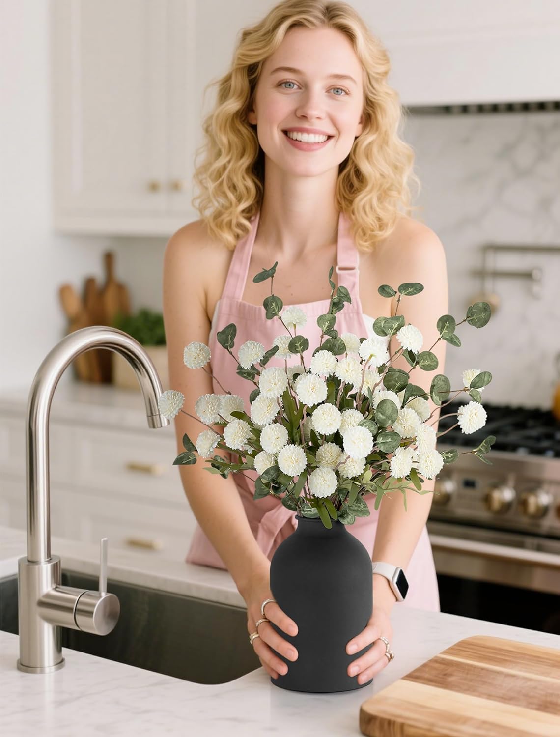 BLOSMON Fake Flowers in Vase for Centerpieces: Metal Vase with 12 Stems of Artificial Mums Kiku Flowers Eucalyptuses Home Table Decor - White Faux Pom Poms Floral Arrangements for Living Room