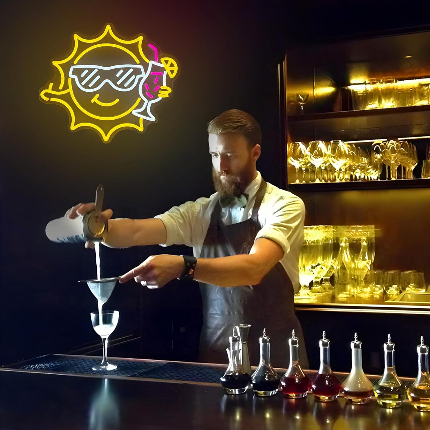 Bar Neon Sign for Wall Decor, Funny Neon Sign for Beach Bar Pub Sandbeach Beverage Shop, Sun Sunglasses Drinks Led Sign with Dimmer, Summer Decoration USB Powered with Switch