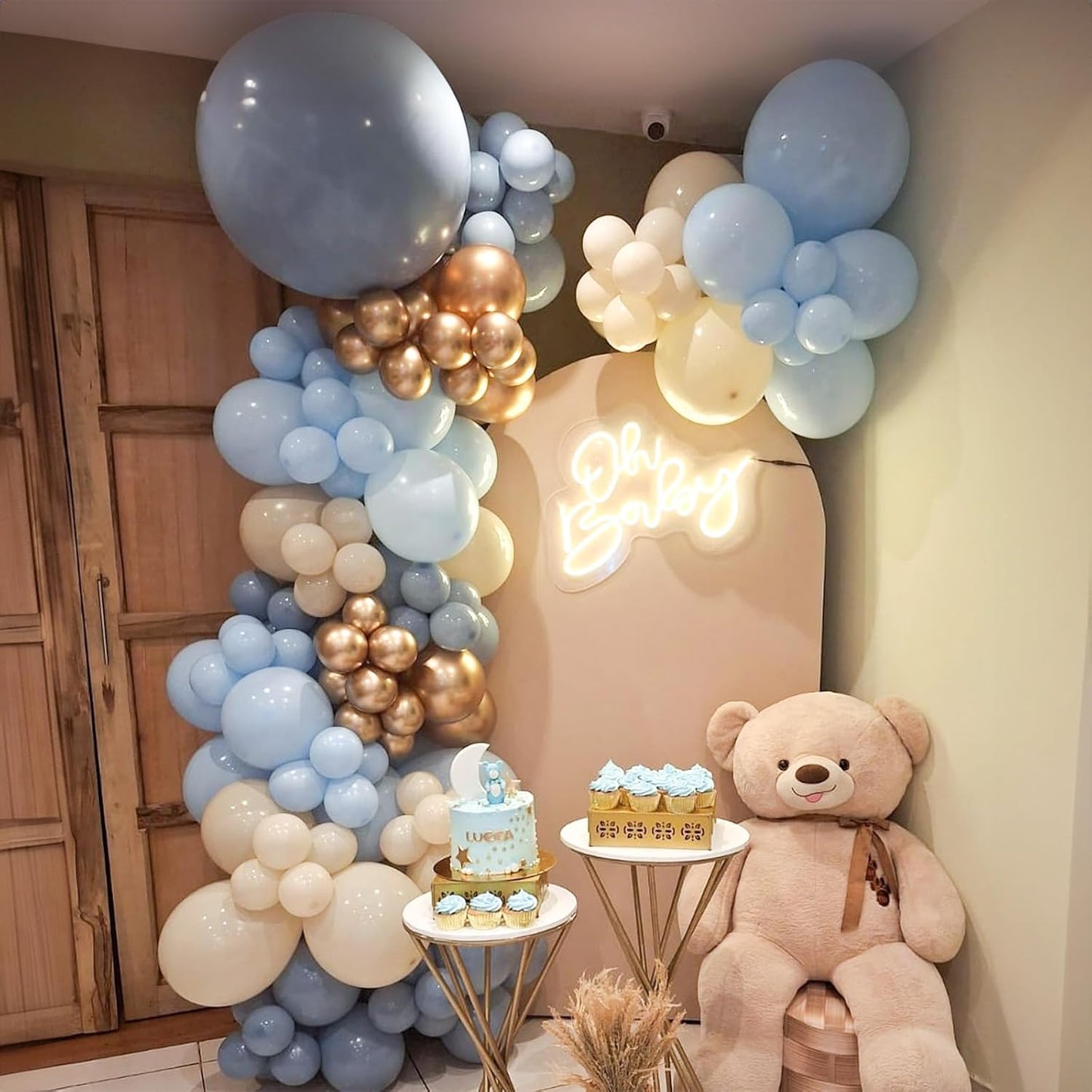 Dusty Blue Beige Balloons, 12 Inch Fog Blue Sand White Balloons with Cream Ivory Metallic Gold Balloon for Baby Shower Boho Bridal Shower Birthday Wedding Engagement Party Decorations Supplies