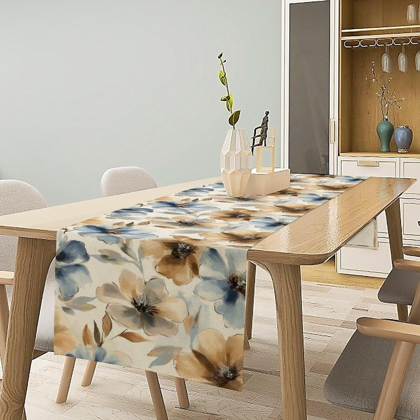 Poppy Floral Table Runner, Watercolor Brown Blue Flowers Blossom Summer Nature Table Runner for Kitchen Dinning Table Runner Decor Home Wedding Party Holiday, 13x60 Inch