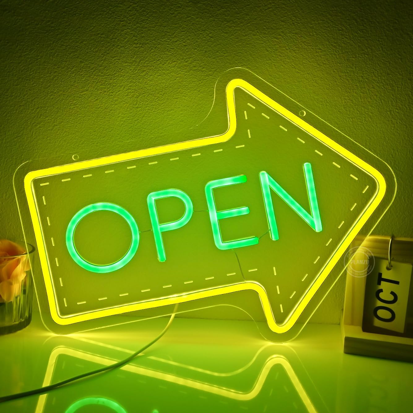Planzo Open Neon Sign LED Beer Bar Open Neon Light for Wall Decor Light Up Sign for Home Pub Restaurant Business Party Man Cave Room Art Coffee Bistro USB Dimmable Yellow Green Indoor Use
