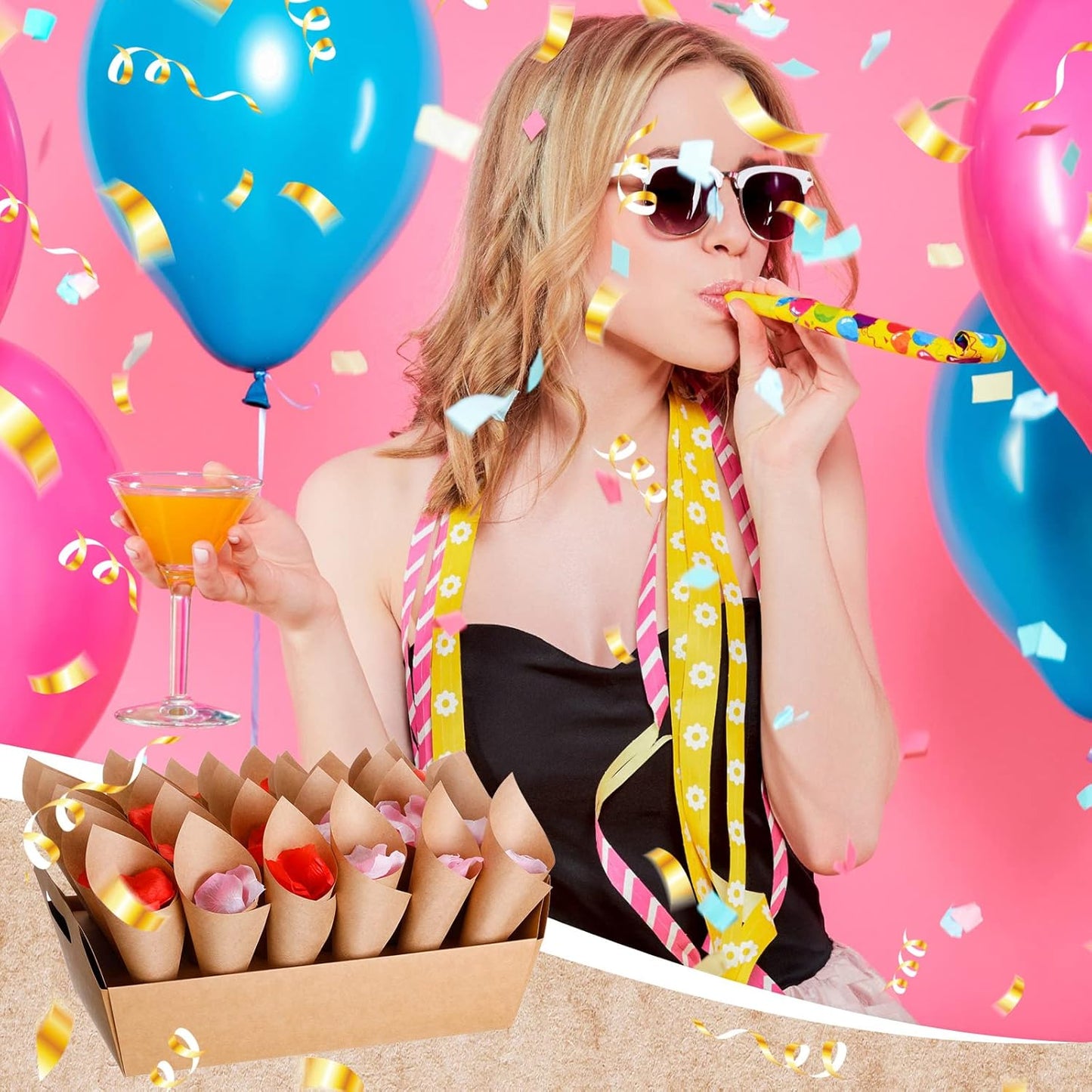 6 Set Wedding Confetti Cone Holder Box Each Includes 30 Pieces of Cone Papers and 30 Holes for 30 Confetti Cones Box Party Confetti Cone Kraft Stand Tray Box for Wedding Party Candy Flower