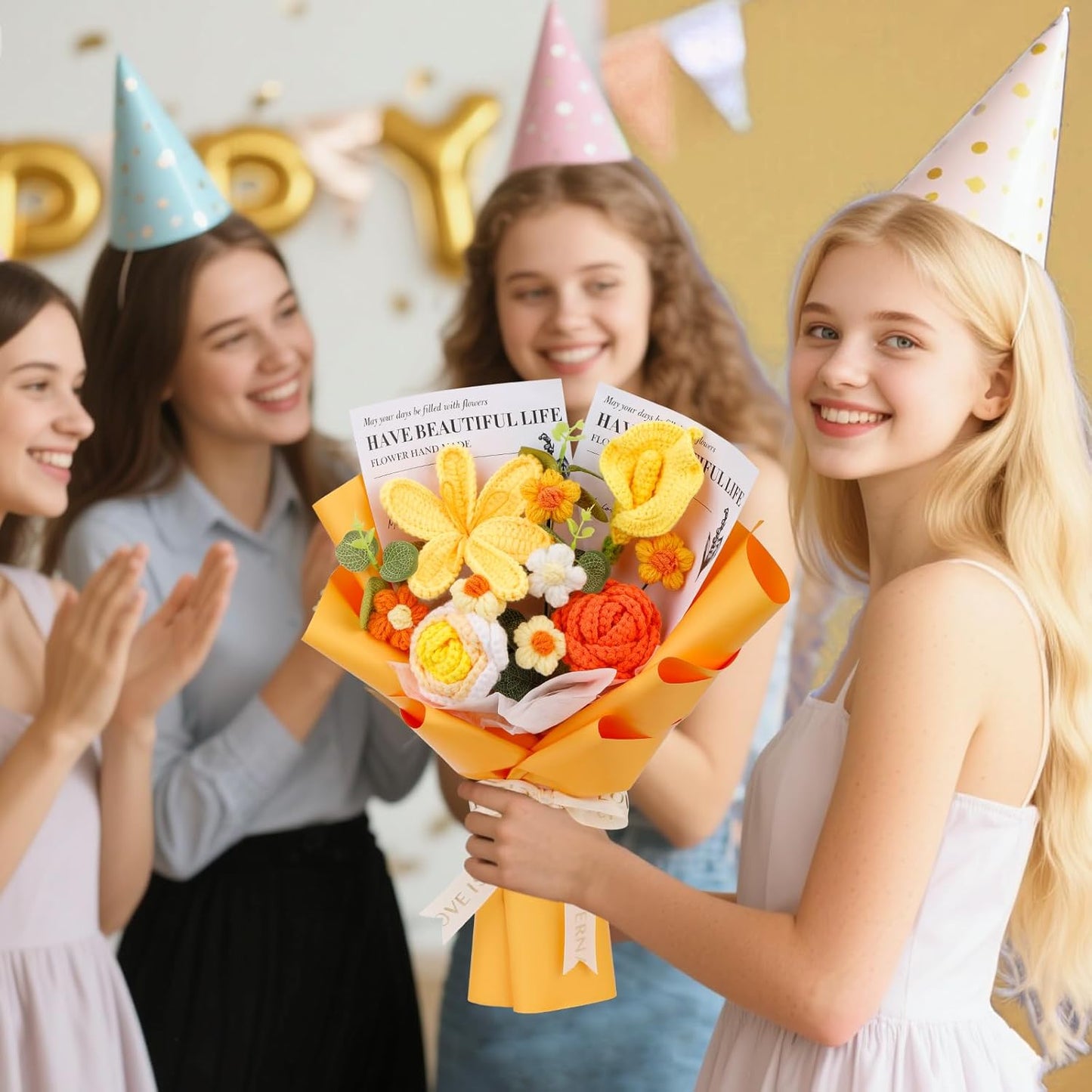 Crochet Flowers Cute Bouquet, Handmade Crochet Flowers Knitted Bouquet, Tulips Flower and Calla Lily for Birthday, Teacher’s Day, Graduation, Valentines (Yellow)