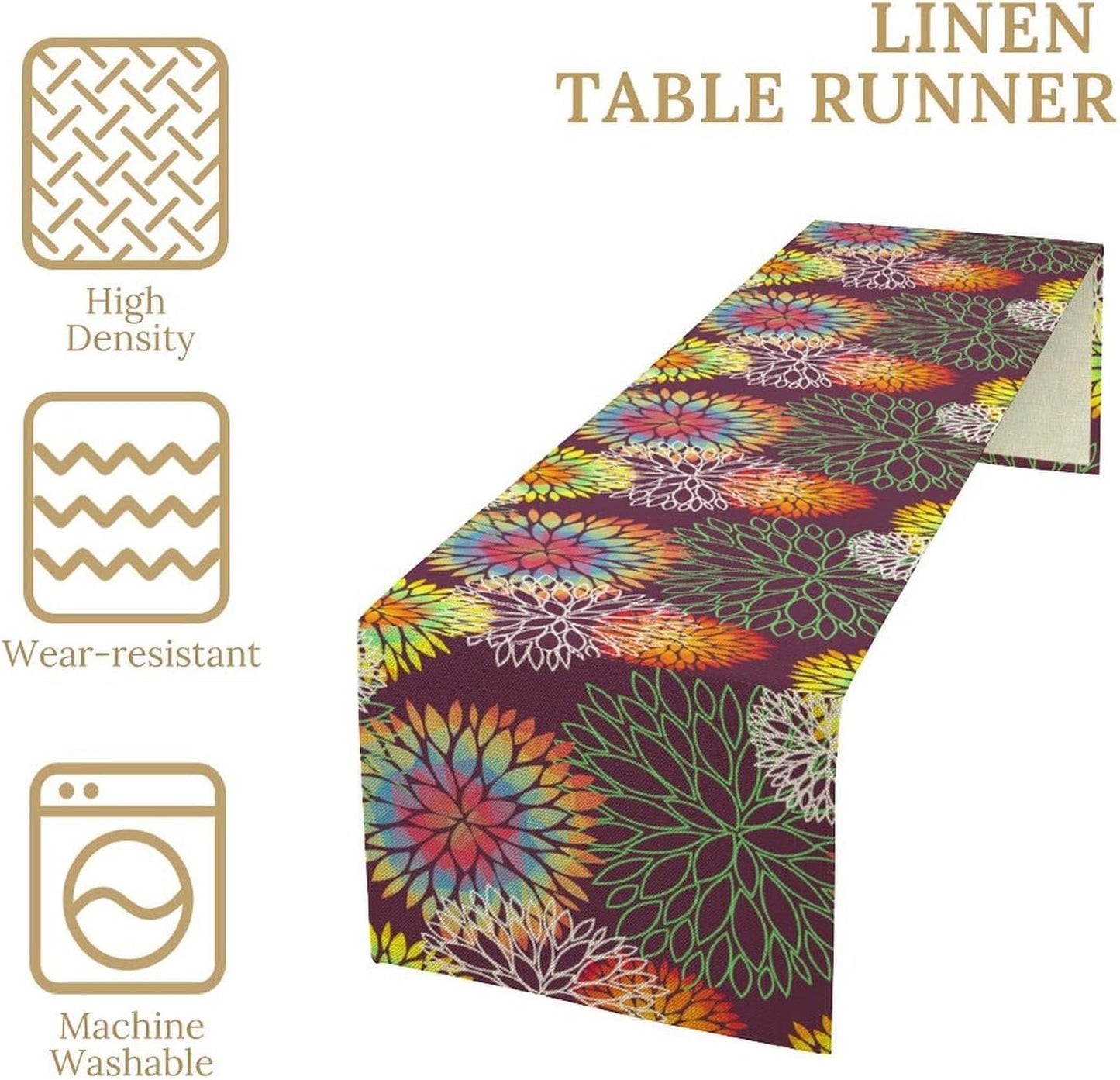 Brown Dahlia Flower Table Runner, Linen Geometric Pattern Floral Table Decor Spring Farmhouse Decorations for Kitchen Dining Holiday Party Decor, 13x36 Inch