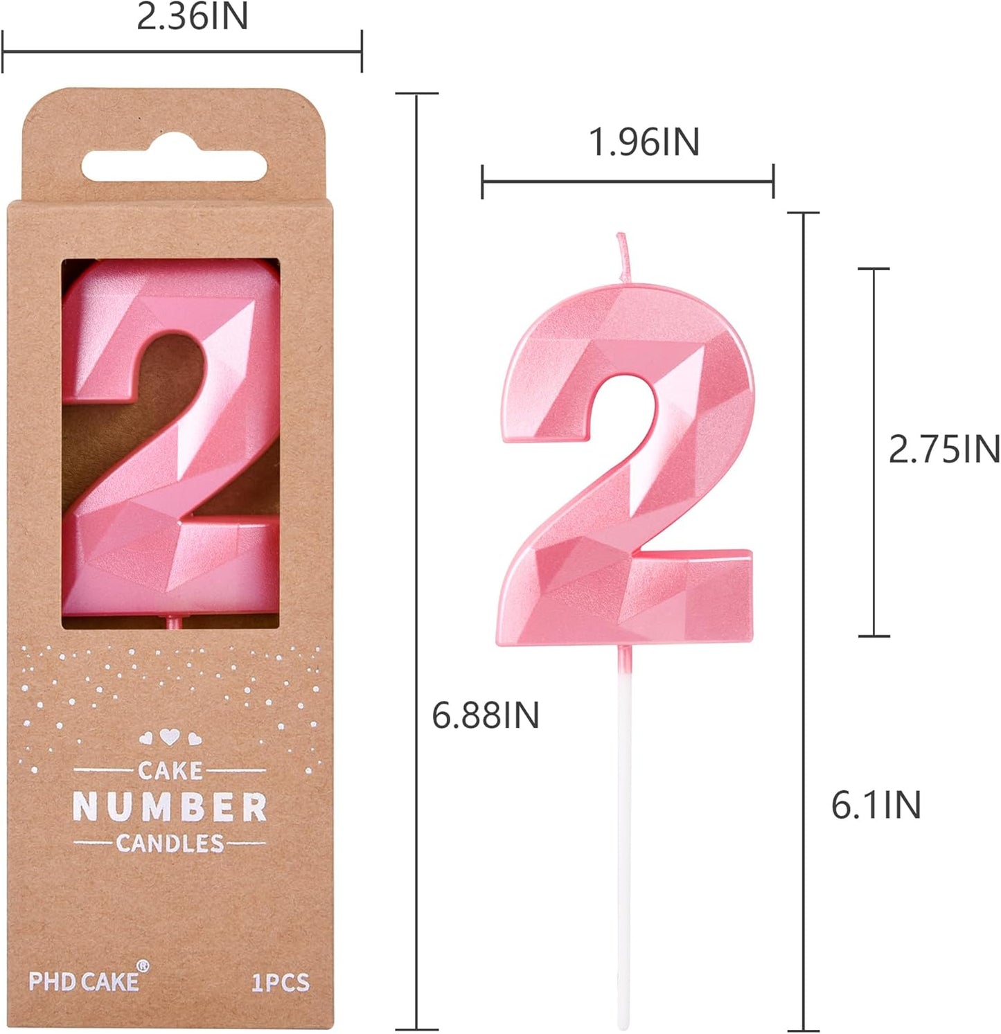 PHD CAKE 2.76 Inch Crystal Pink 2 Number Birthday Candles, Pink Number Candles, Cake Number Candles, Party Celebration