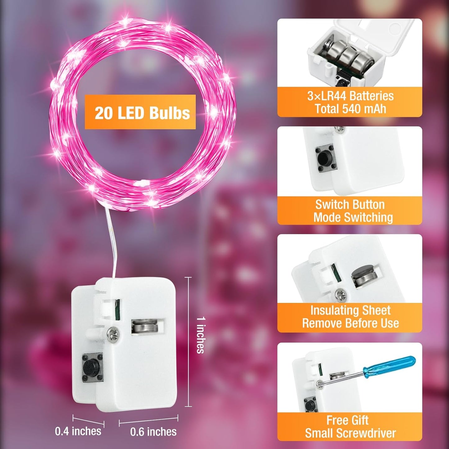 6 Pack Fairy Lights Battery Operated - 7ft 20 Led Twinkle Lights 3 Modes, Bulk Mini String Lights Waterproof for Mason Jars Vases DIY Party Wedding Decoration Christmas - Pink