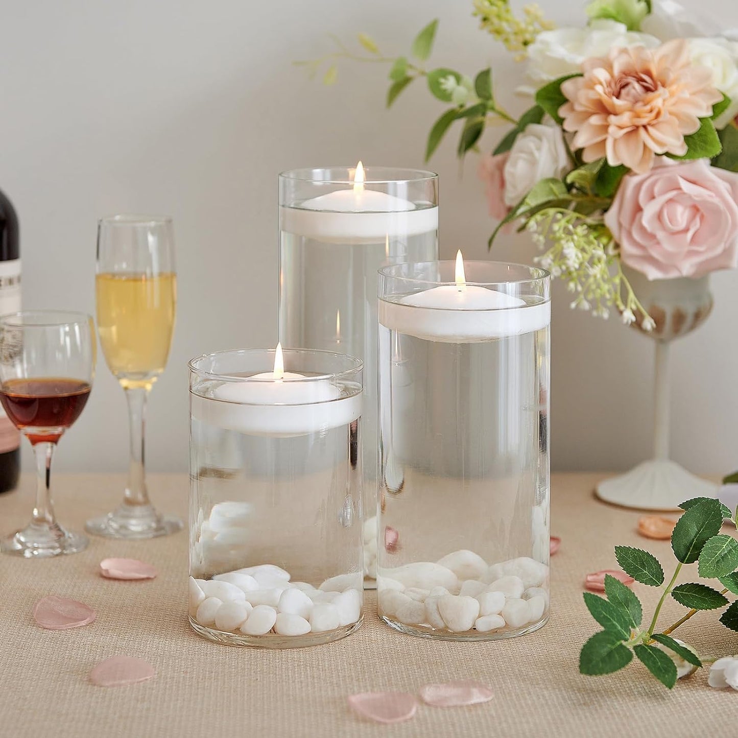 10 Hour Floating Candles, 3'' White Unscented Dripless Wax Discs, for Cylinder Vases, Centerpieces at Wedding, Party, Pool, Holiday (24 Set)