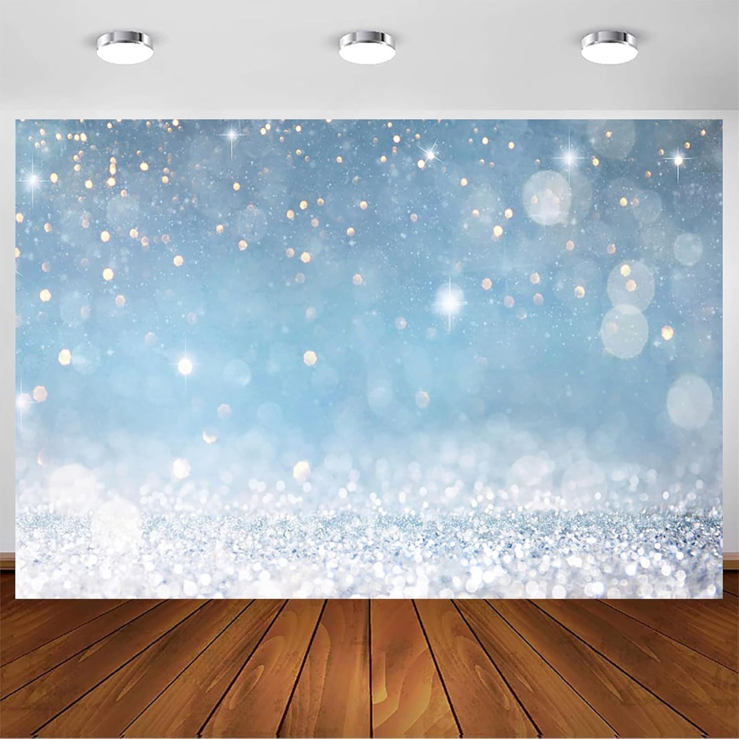 8x6ft Blue Bokeh (Not Glitter) Backdrops Birthday Party Abstract Golden Sparkling Spots Photography Background Baby Shower Wedding Prom Graduation Party Bokeh Decor Banner Photoshoot Props