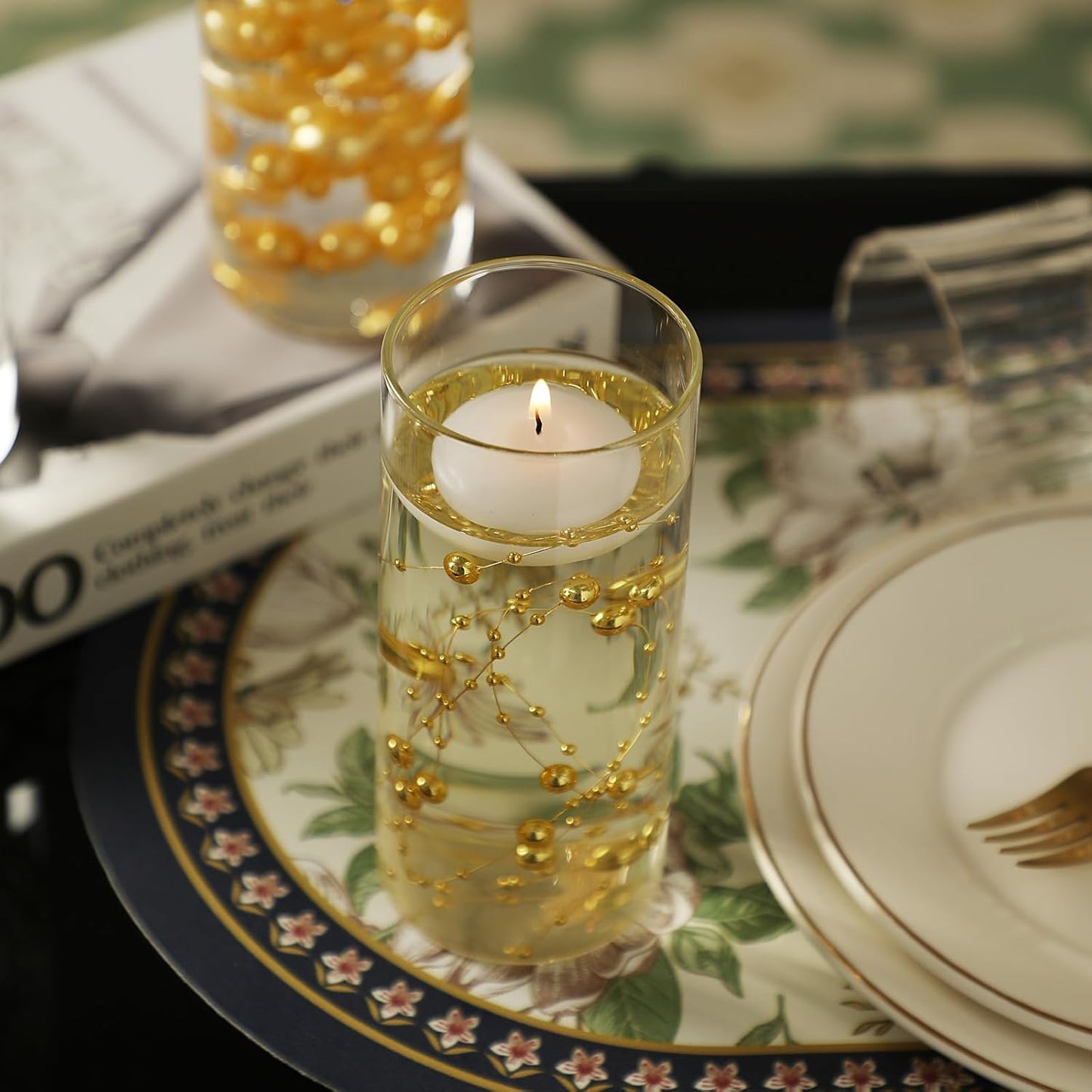 Set of 3 Glass Cylinder Vases for Centerpieces with 2 Pack Vase Filler 3 Pearl String 6 White Floating Candles for Centerpieces, Table Center Pieces for Wedding Party Home Decor 5, 6, 8 Inch