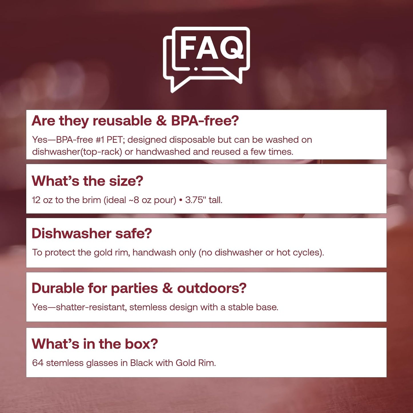 Smarty Had A Party 12 oz Wine Glasses Pack of 64 Black with Gold Stemless Unbreakable Plastic Glasses, Disposable or Reusable for Parties, Weddings, and Events