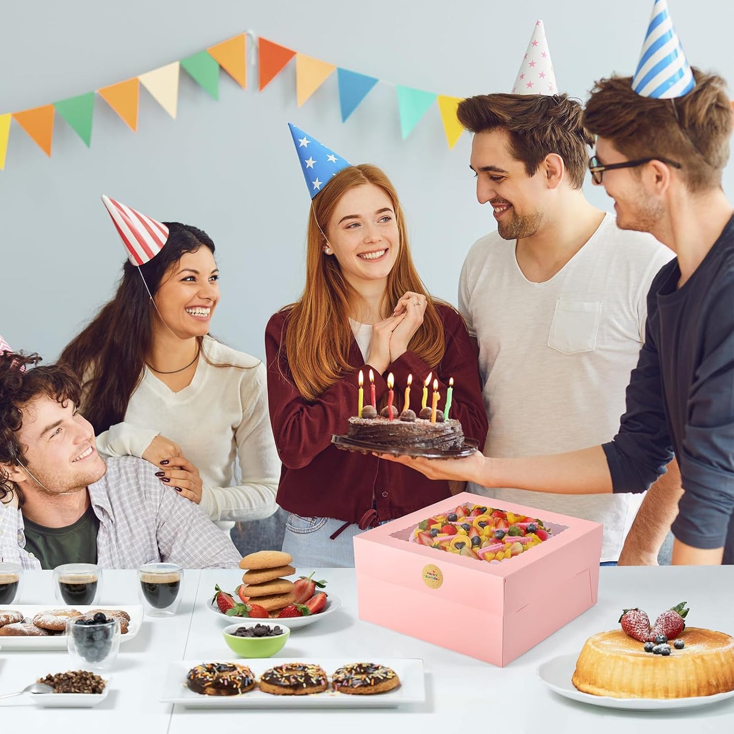 12Pcs Cake Boxes, 12x12x6 Inches Pink Bakery Boxes with Window, Large Disposable Cake Carrier Container for Pastries, Pie, Cookies, Chocolates, Cupcakes Dessert Boxes