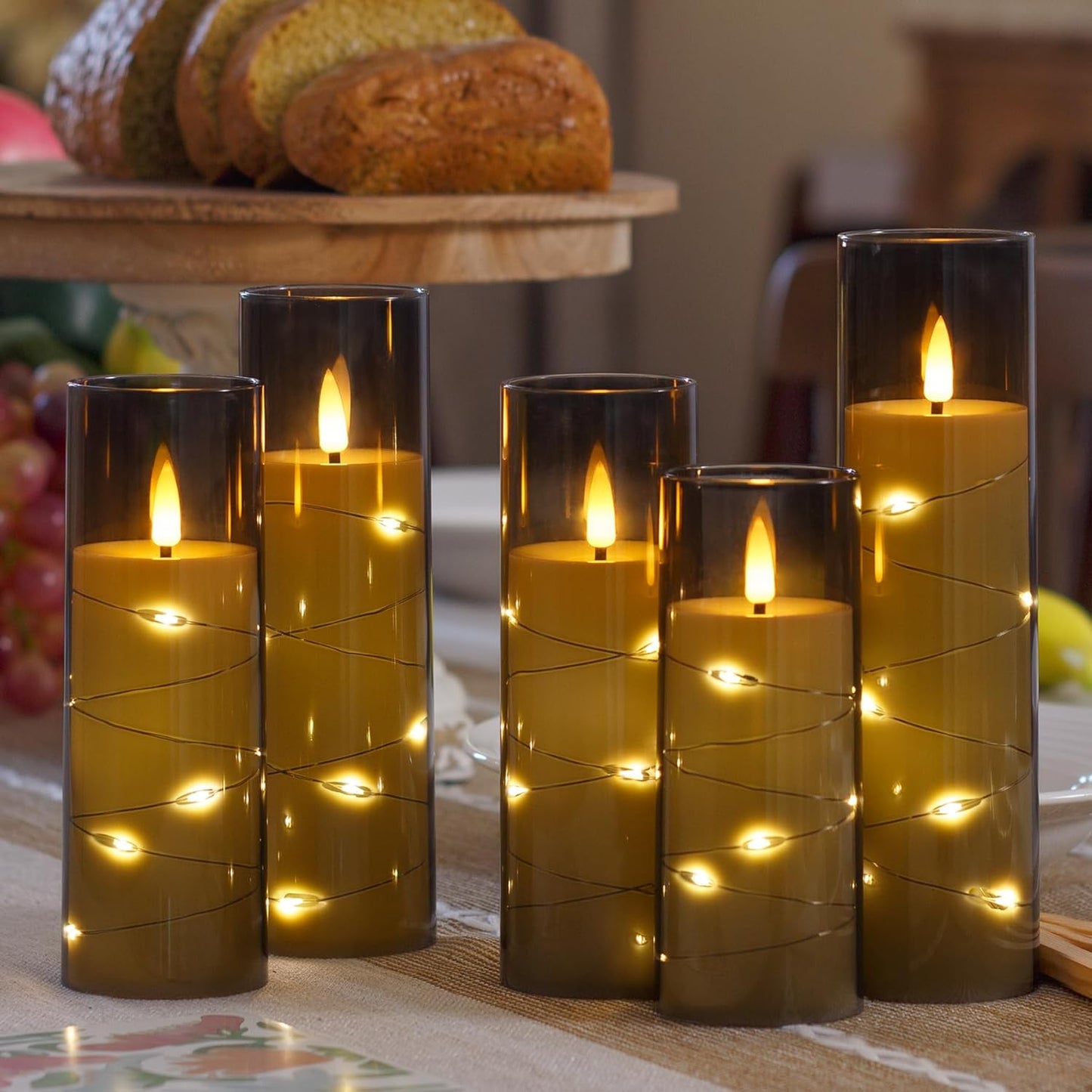 Grey Flameless Candles with Remote and String Light, 2.2"x 5",5",6",7",7",8" LED Battery Operated Plastic Flickering Timer Pillar Candles(Pack of 6,Turn On/Off String Light Mode)
