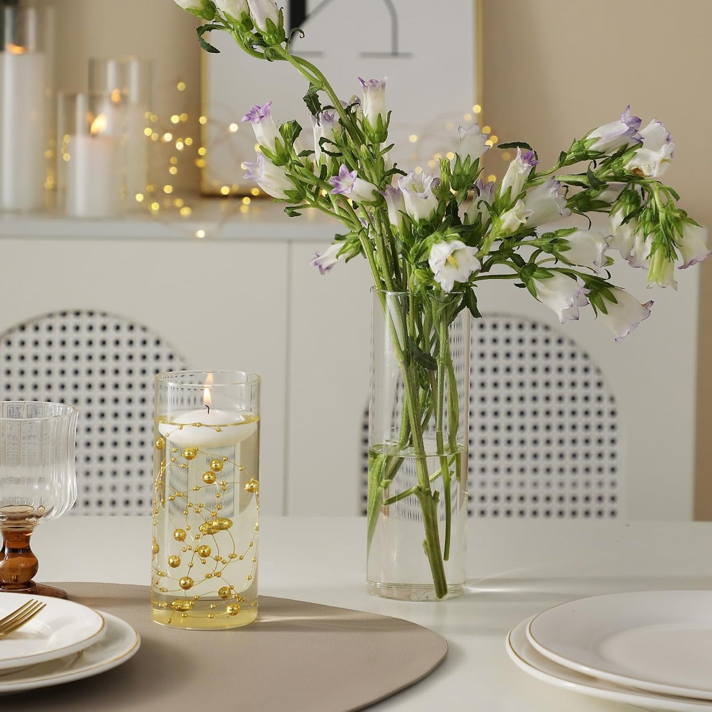 Set of 12 Glass Cylinder Vases for Centerpieces with 8 Pack Vase Filler 12 Pearl String 24 White Floating Candles for Table Centerpieces for Wedding Party Home Decor 5, 6, 8 Inch