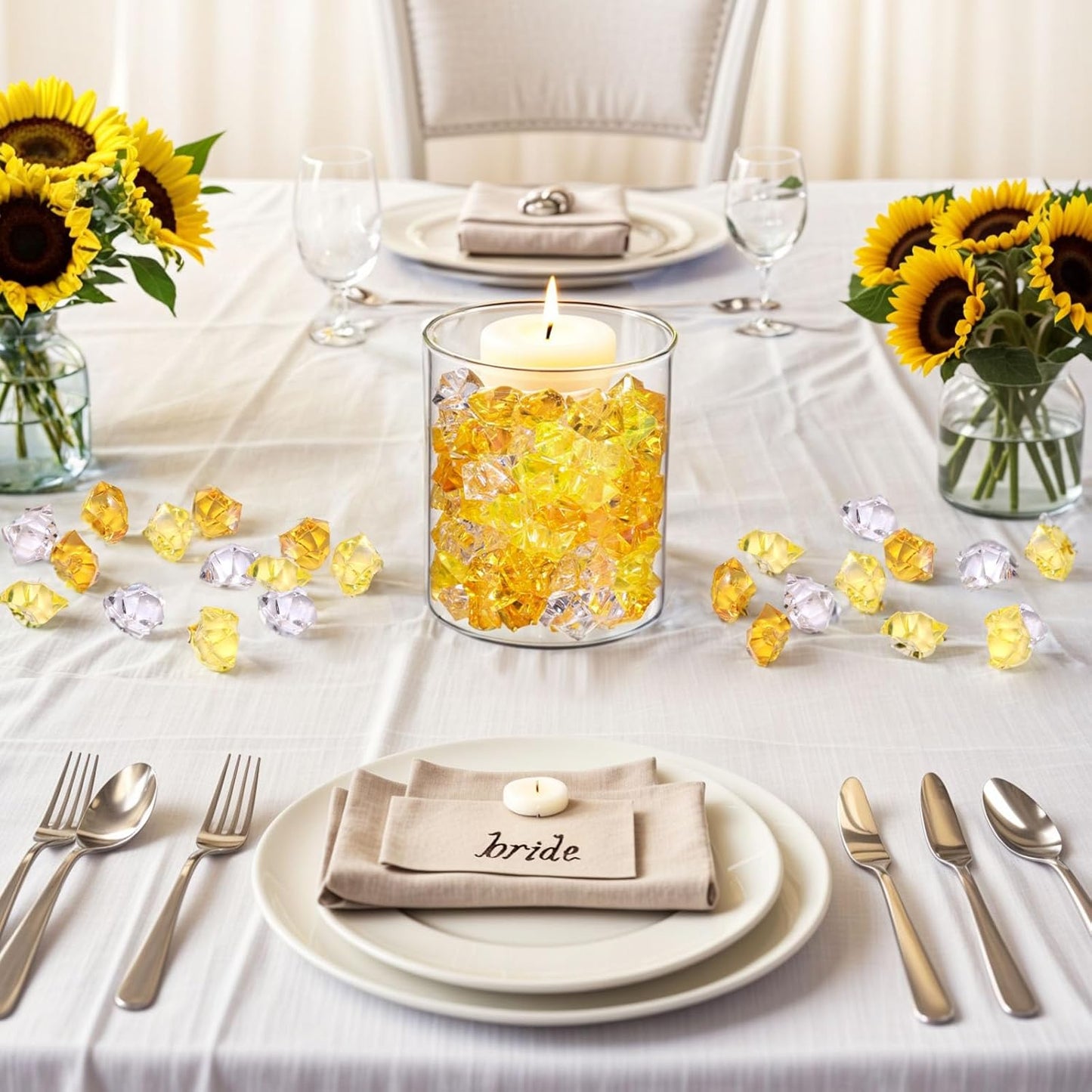 DomeStar Yellow and Orange Fake Ice, 150PCS Acrylic Fake Diamonds, Crushed Ices Plastic Gems Vases Fillers for Aquarium Tank Rocks Table Scatter Wedding Party Home Decor