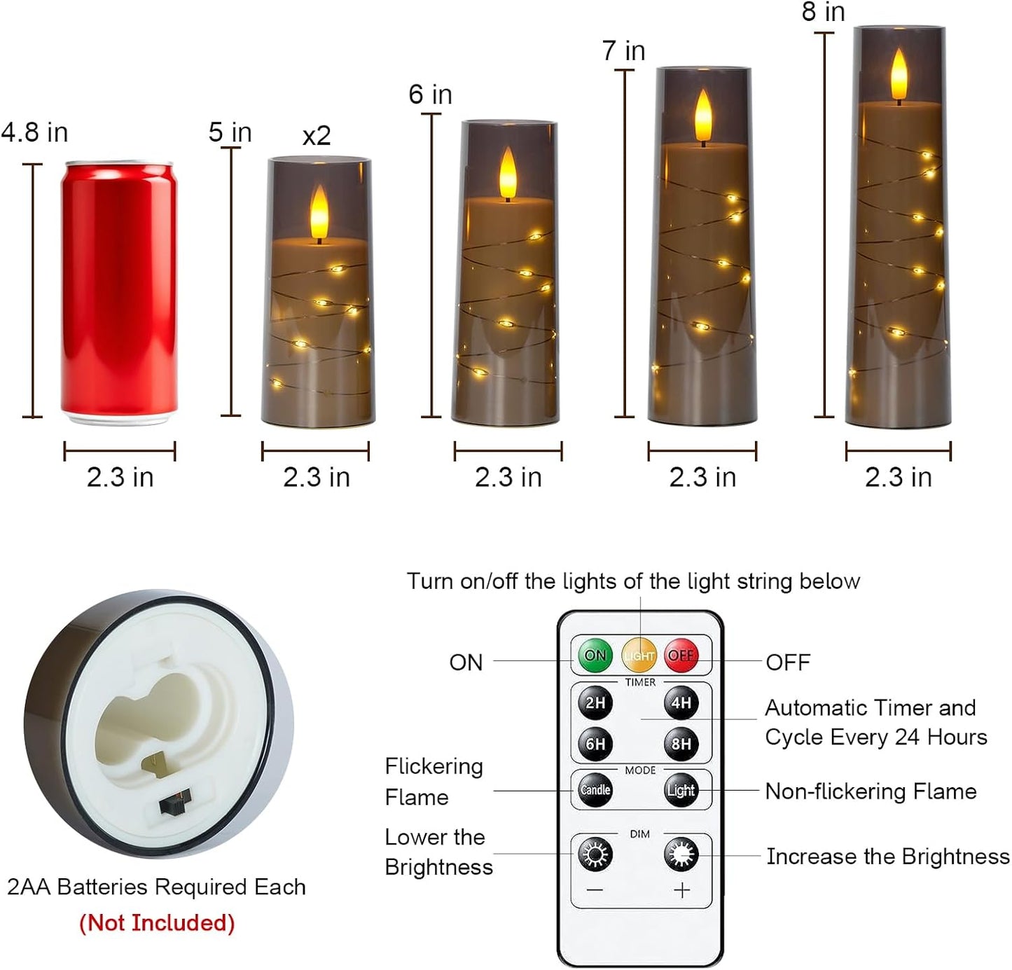 Raycare Flameless Candle with Remote Timer – 5 Flickering Acrylic Battery Operated LED Pillar Candles with Embedded Star String for Halloween, Fall Decor, Harvest Festival Gifts(Grey)