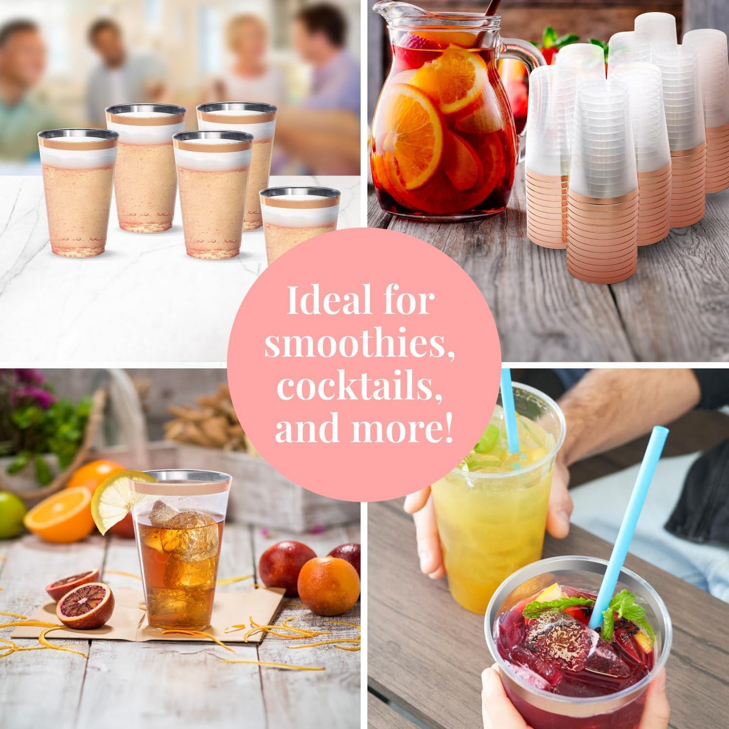 50 Pack Disposable Plastic Cups by Prestee - 14 oz Rose Gold Rimmed Plastic Wine Glasses - Heavy Duty, Pink Rim Cup - Disposable Party Cups and Fancy Wedding Tumbler - Elegant Decoration Cup for Party