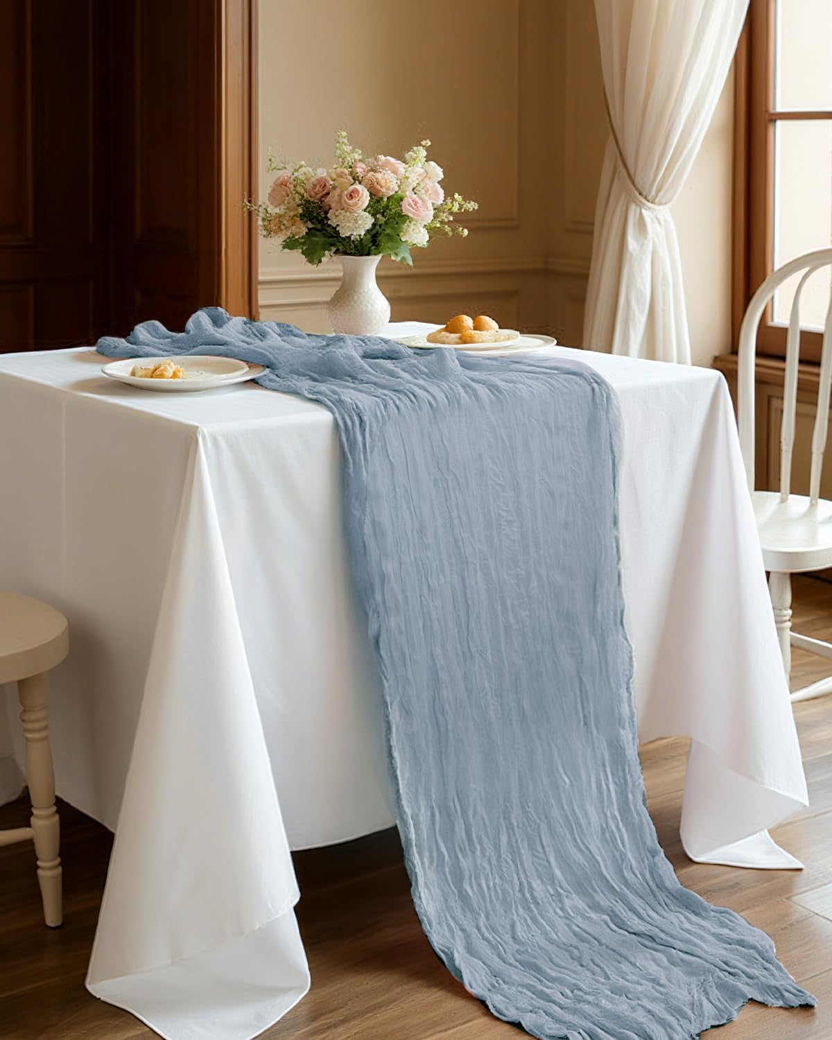 Dusty Blue Cheesecloth Table Runner 120 Inch, Summer Boho Gauze 10 FT, Rustic Cheese Cloth Table Runner for Wedding, Baby Bridal Shower, Party, Farmhouse Centerpiece Home Decorations
