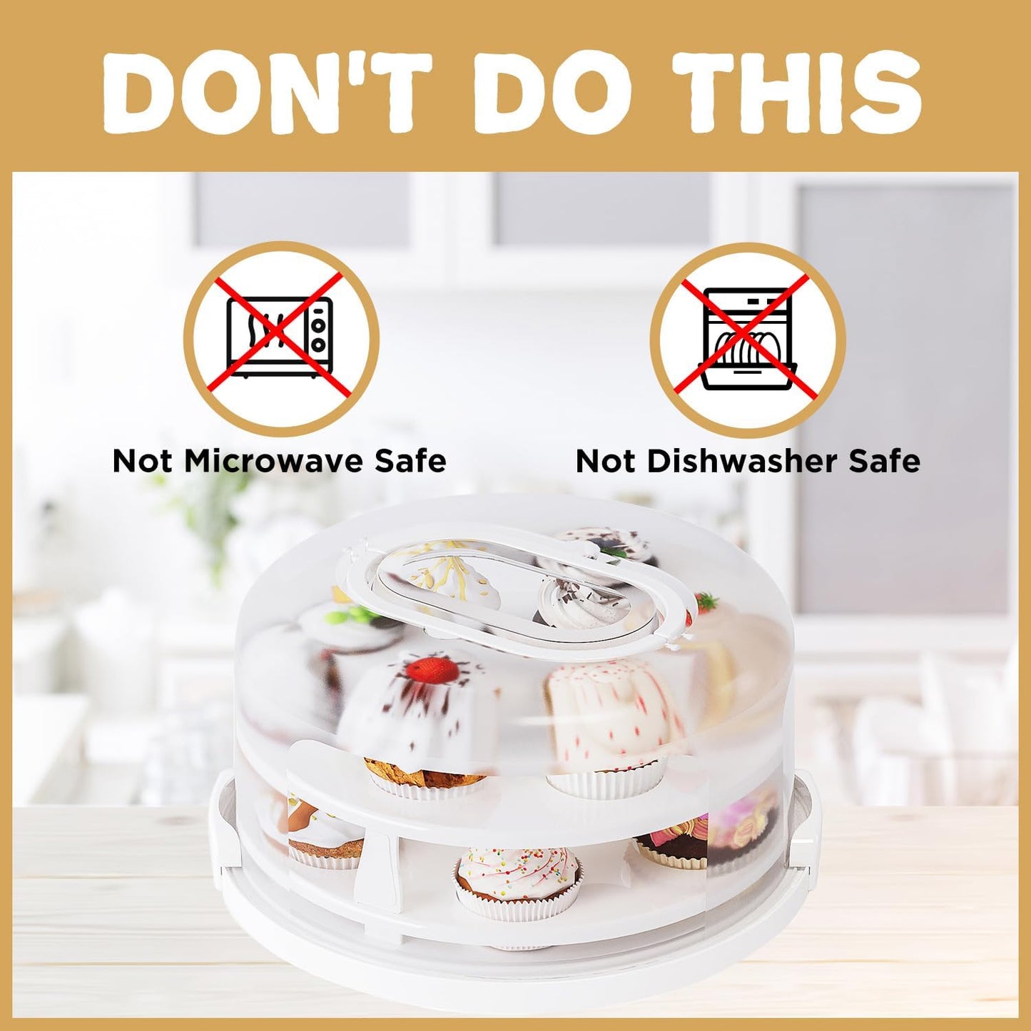 Round Cupcake Carrier for Transport, Two Tier Cupcake Container with Lid and Handle, Multipurpose Cake Holder fits 10 inch Cake, Cupcake Box Holds 14 Standard Cupcakes,White