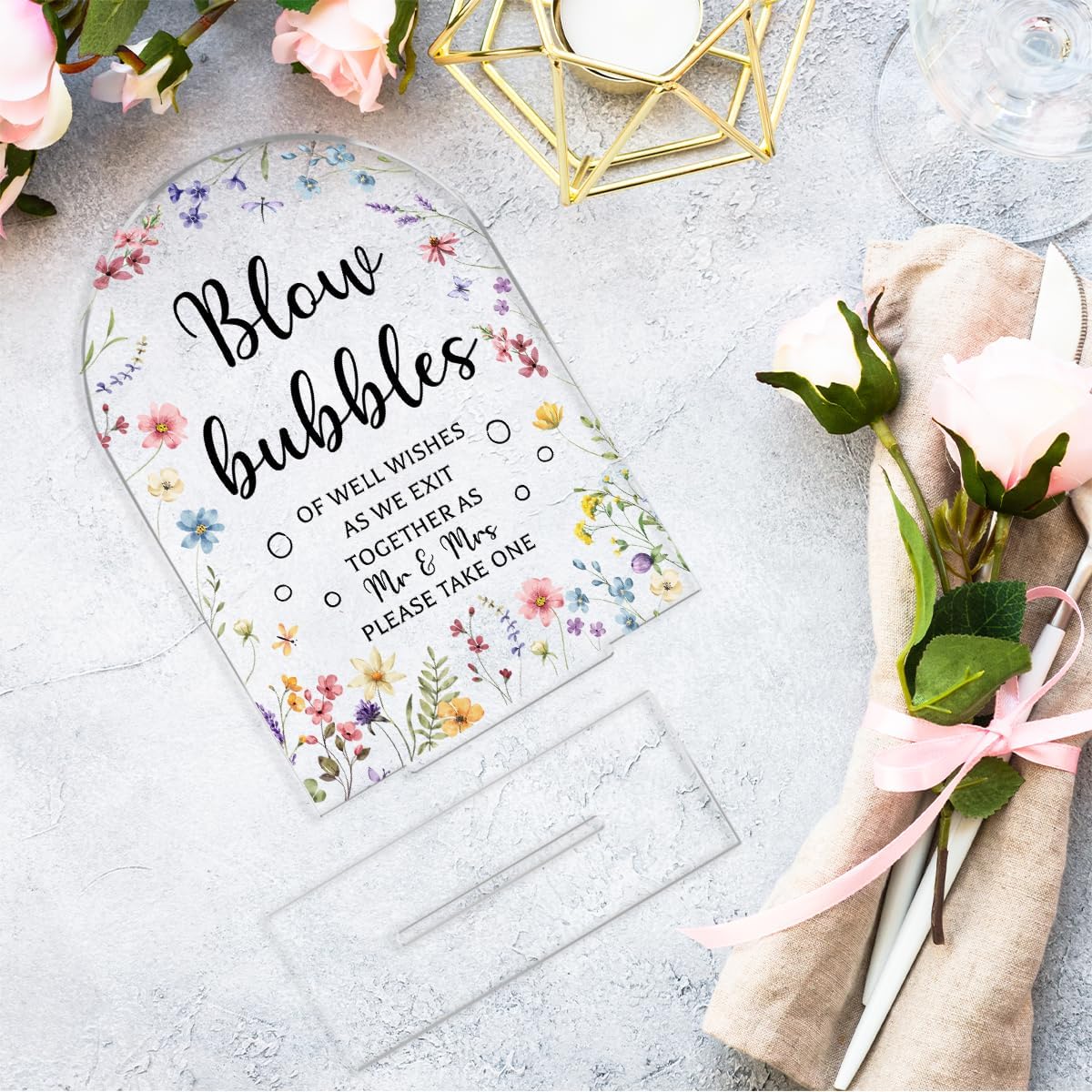 Wedding Sign Decor, Arch Acrylic 5x7 Inch, Blou Bubbles Sign Wedding Sign for Reception & Event, Bridal Shower Decorations, Wedding Table Sign Accessories for Anniversary And Party (Flower)