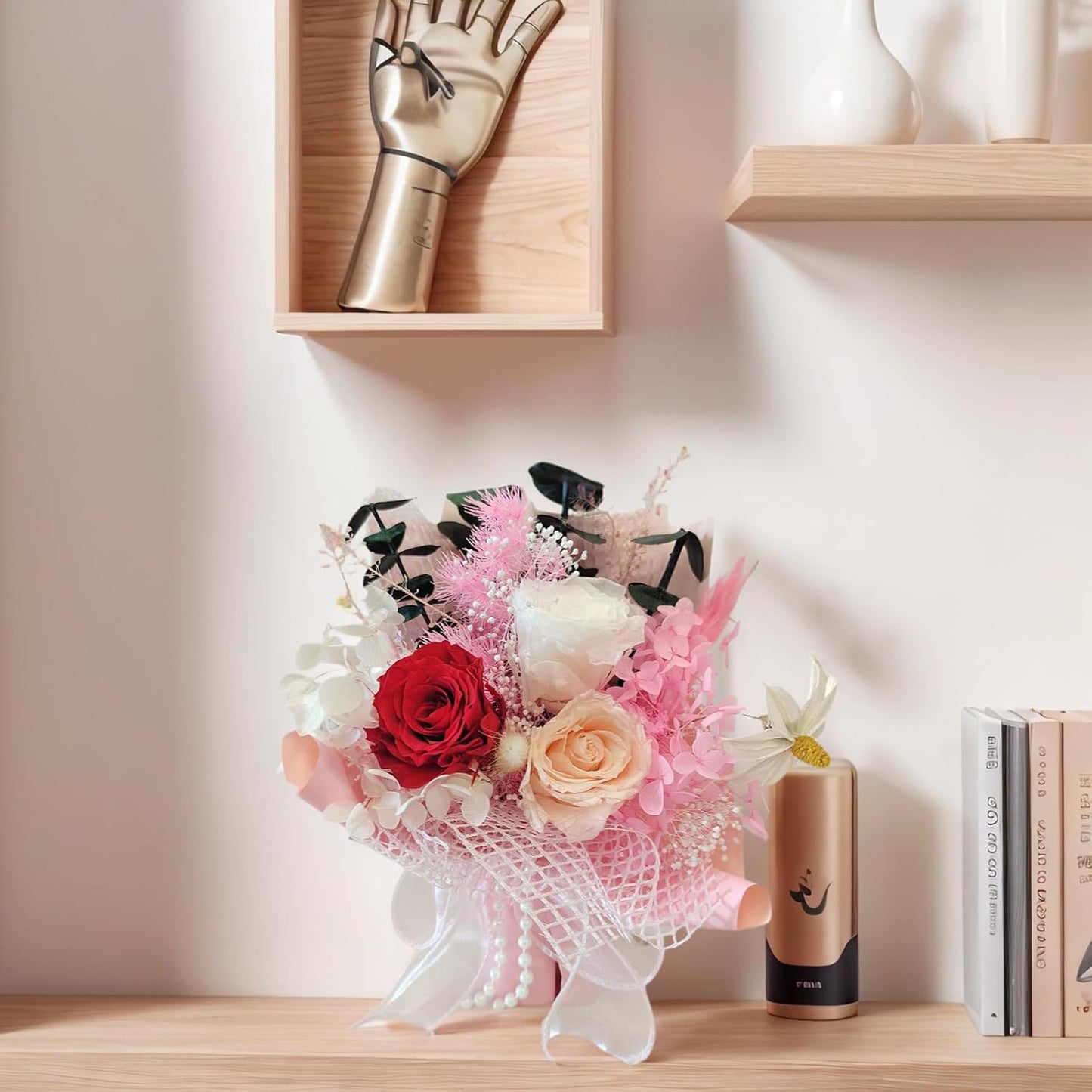 Preserved Flowers Bouquet Romantic Valentines Day Gift for Her LED Light 3 Preserved Real Rose for Delivery Christmas Mothers Day Birthday Gifts for Women Mother Wife Girlfriend (Pink)