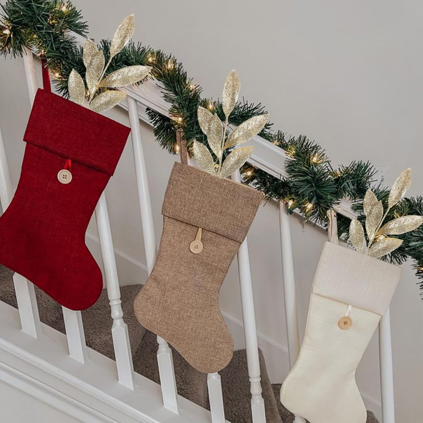 GREENTIME 12 Pack Artificial Light Golden Glitter Leaves 13" Fake Christmas Picks Decorative Glitter Sticks for Vase Christmas Tree DIY Wreath Crafts Fireplace Decor