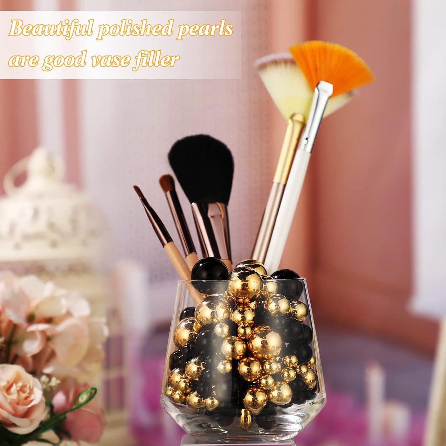 150 Pieces Vase Filler Faux Pearls Vase Makeup Beads No Hole Gloss Bead Mixed Sizes Round Pearl for Home Party Wedding Decor, 8/14/20 mm(Gold, Black)