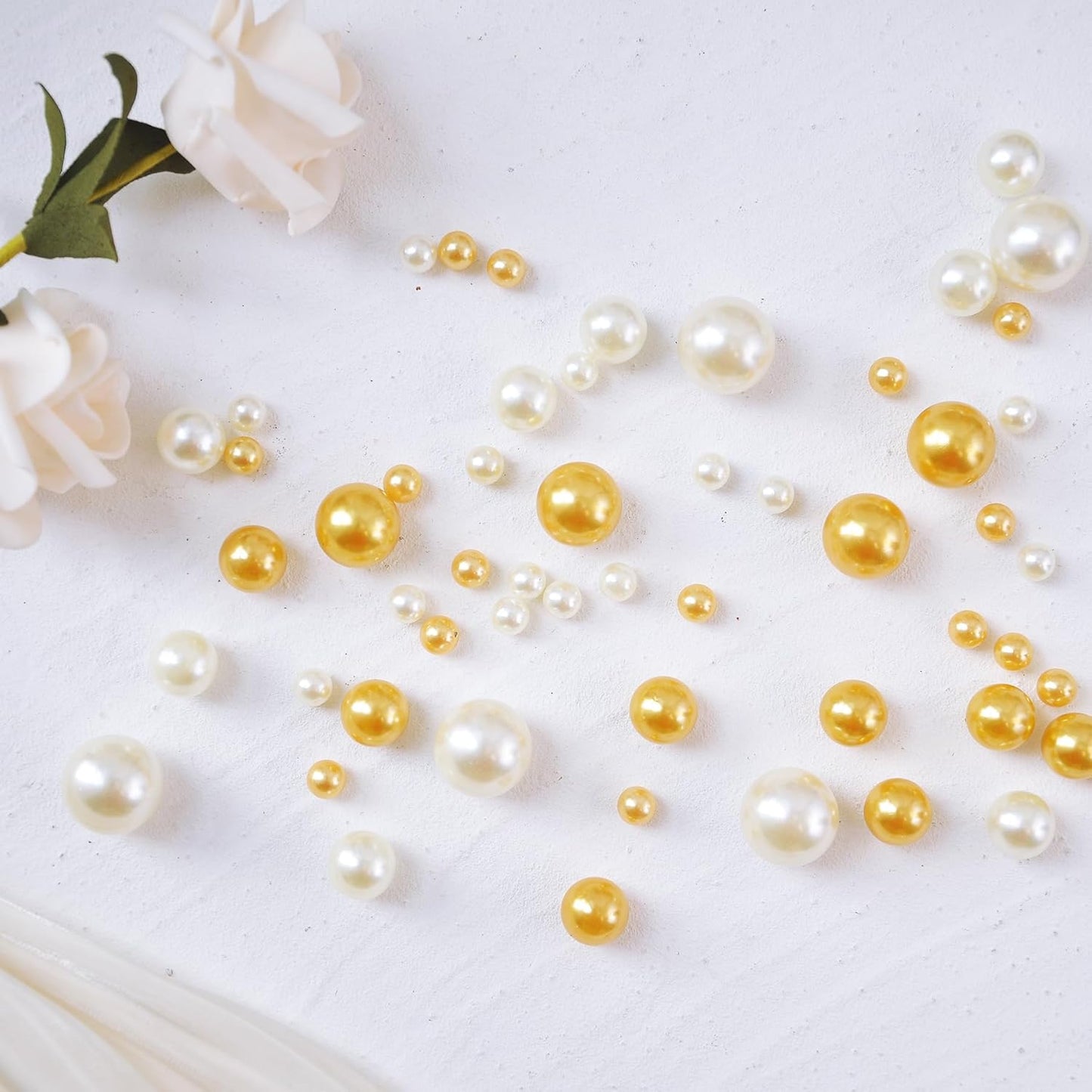 260Pcs Gold andCream Glossy Beads for Centerpiece Decor, Artifical Pearls Vase Filler, Makeup Brush Beads, No Hole Round Pearl Beads for Wedding Birthday Christmas Party Home Decor(18mm 14mm 6mm)