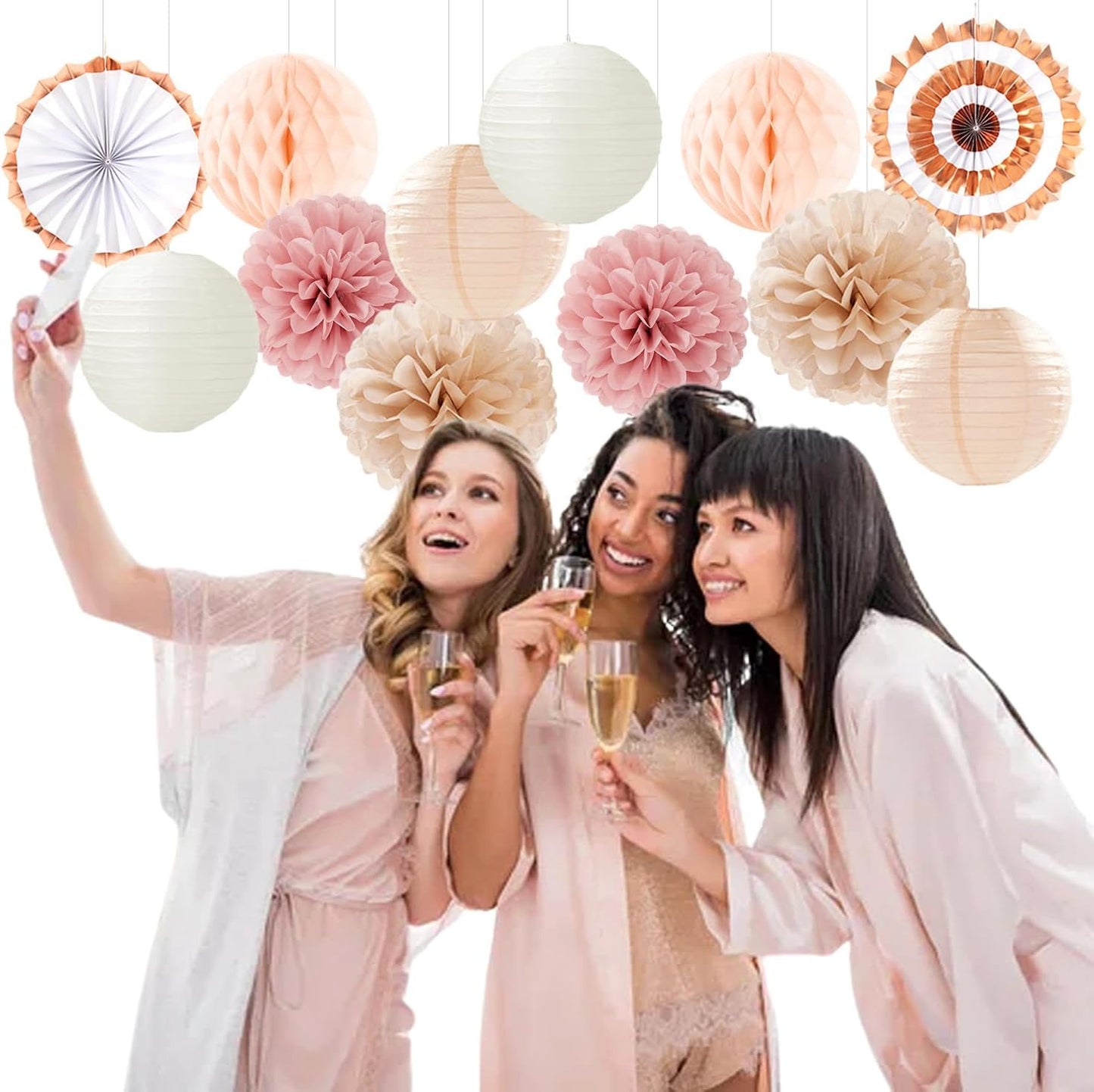 Pink Champagne-Beige Rose-Gold Boho Party-Decorations - 14Pcs Women Girls Birthday Streamers Lanterns Honeycomb Fan,Tissue Pom Poms,Fall Baby Bridal Shower Wedding Backdrop Classroom Decor Ouruola