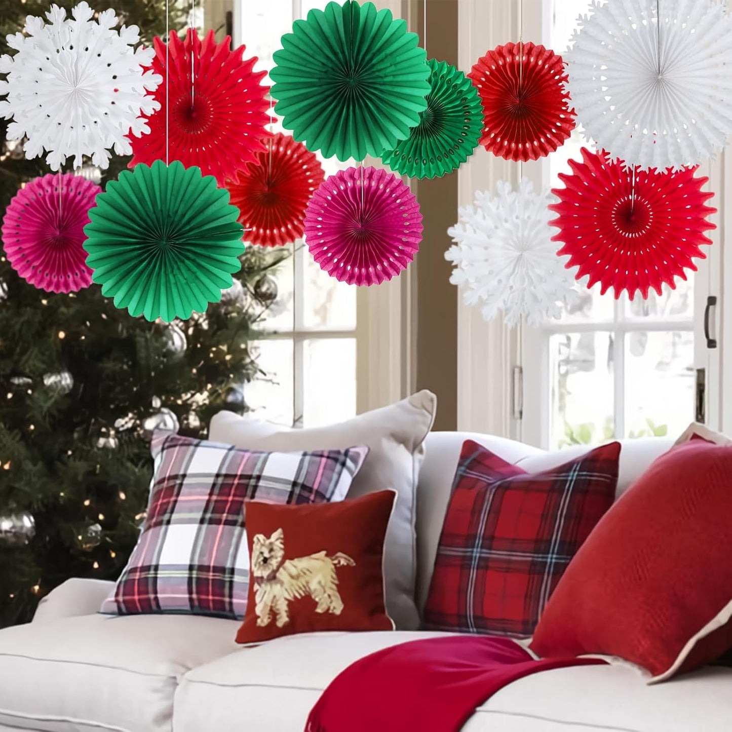SUNBEAUTY Pack of 12 Christmas Party Decorations Christmas Classroom Decorations Hanging Paper Fans for Xmas Holiday Ceilings Wall Decor Winter New Year Party Supplies