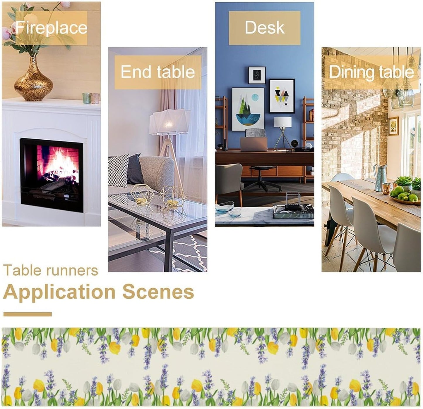 Floral Tulip Lavender Table Runner, Spring Watercolor Flower Plants Nature Butterfly Table Runner for Kitchen Dinner Living Room Home Party, 13x36 Inch