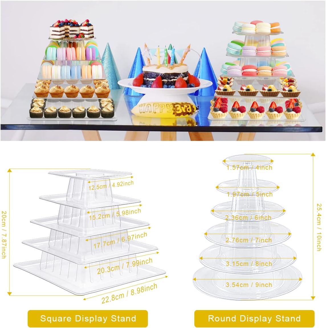 5 Tiers Square Macaron Tower Stand, Plastic Transparent Cake Stand Macaroon Display Rack Desserts Cupcake Holder Platter for Wedding, Birthday Party, Baby Shower, Party Decor