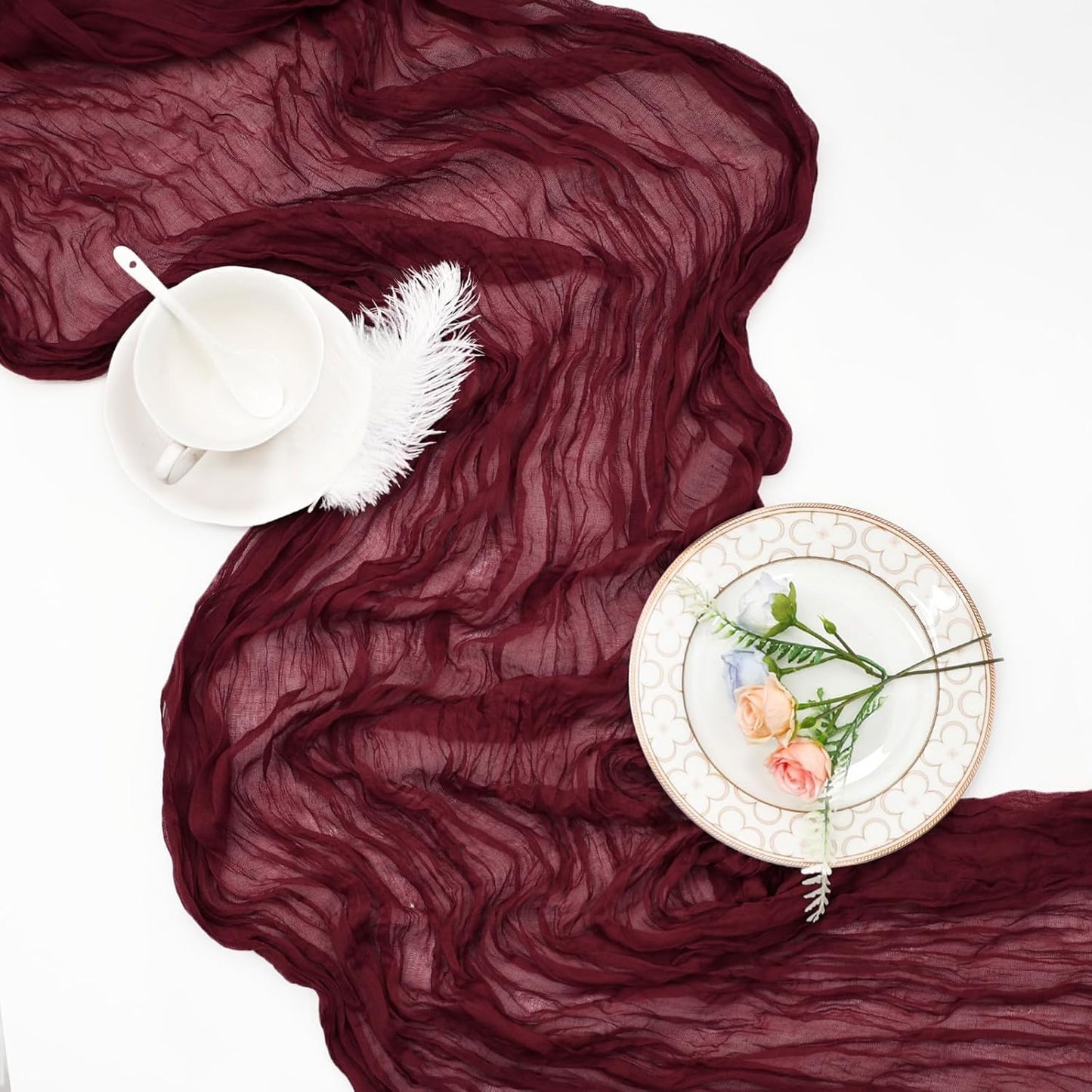 12 Pack Burgundy Cheesecloth Fall Table Runner 10ft Boho Gauze Fabric Cheese Cloth Table Runner 35 x 120 Inch Rustic Sheer Runner for Romantic Wedding Decor Baby Shower Party Centerpiece Decoration