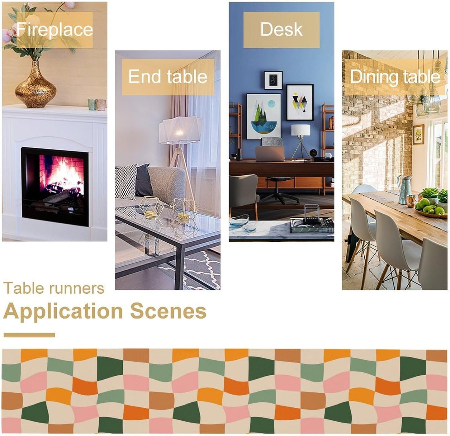 Hippie Table Runner, Vintage Geometric Square Orange Green Pink Grid 60s 70s Style Kitchen Dining Room Decor for Indoor Outdoor Wedding Party Table Runner 13x90 Inch