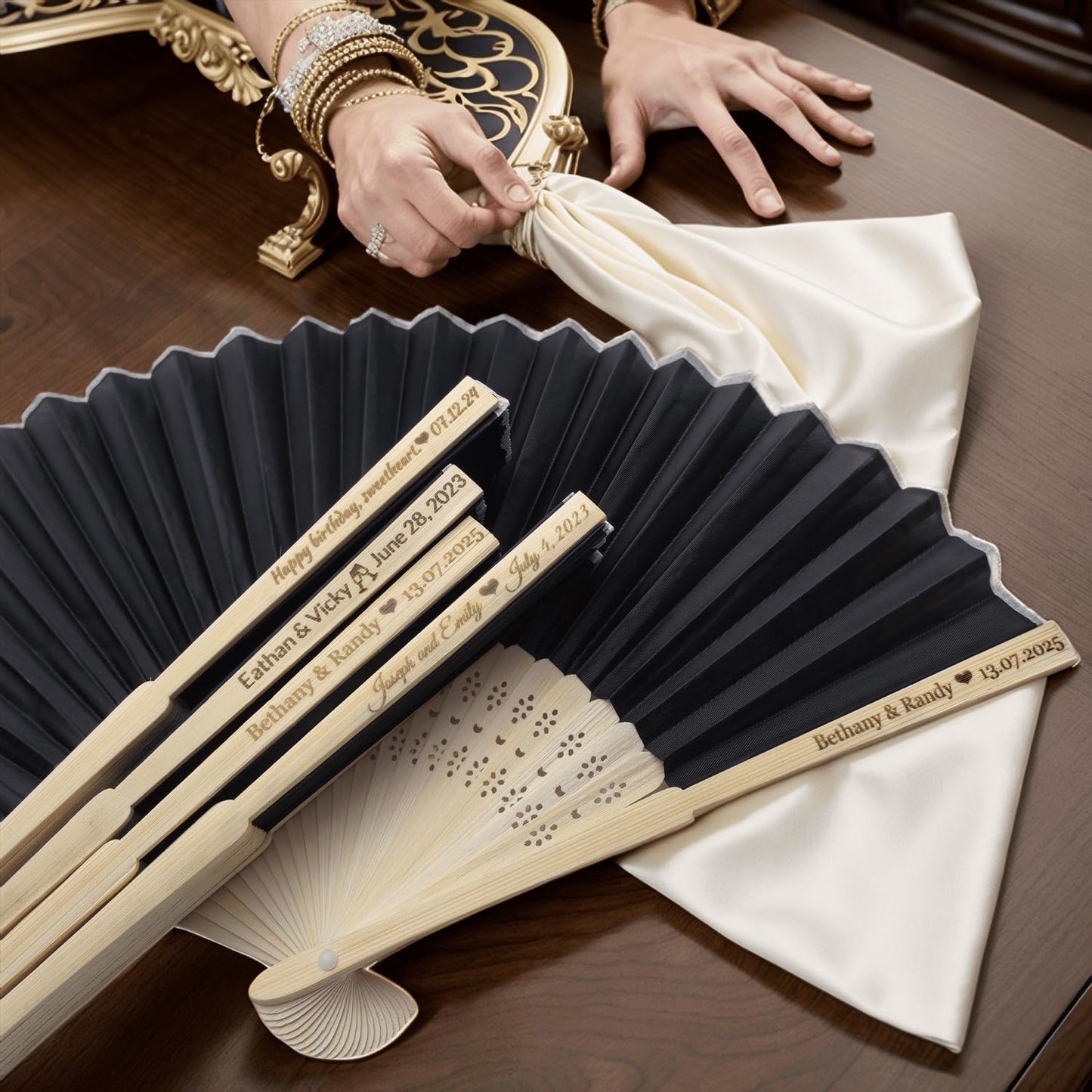 128Pcs Personalized Silk Fans Folding Hand Fan, Custom Wedding Bridal Party Favors, Summer Wedding Bride, Wedding Gift, Thank You Gift (Black)
