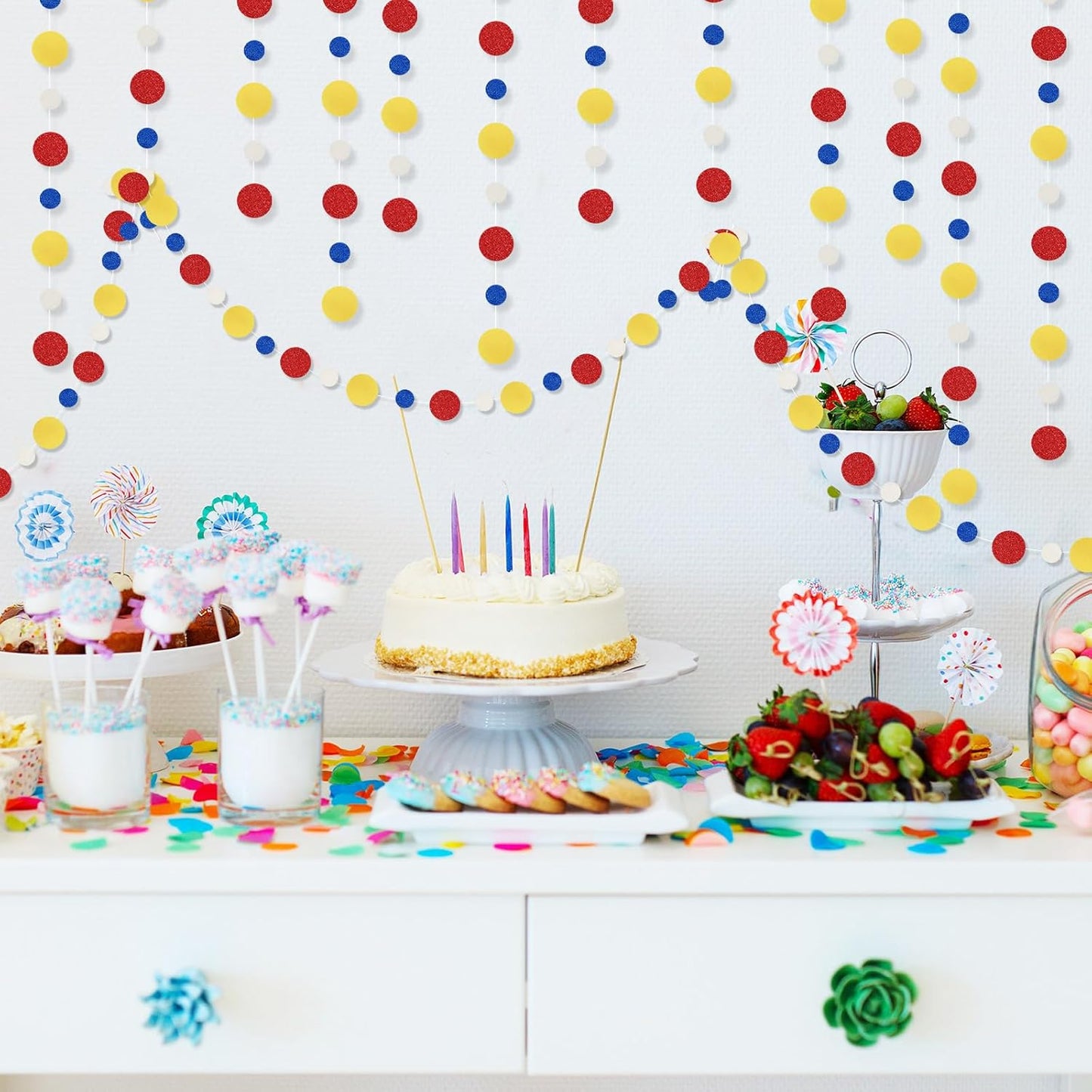 Outus 5 Pieces Colorful Dots Paper Garland Round Glitter Garland Hanging Confetti Streamers Backdrop for Candy Birthday Classroom Halloween Trunk or Treat Car Decoration (Red,Blue,Yellow)