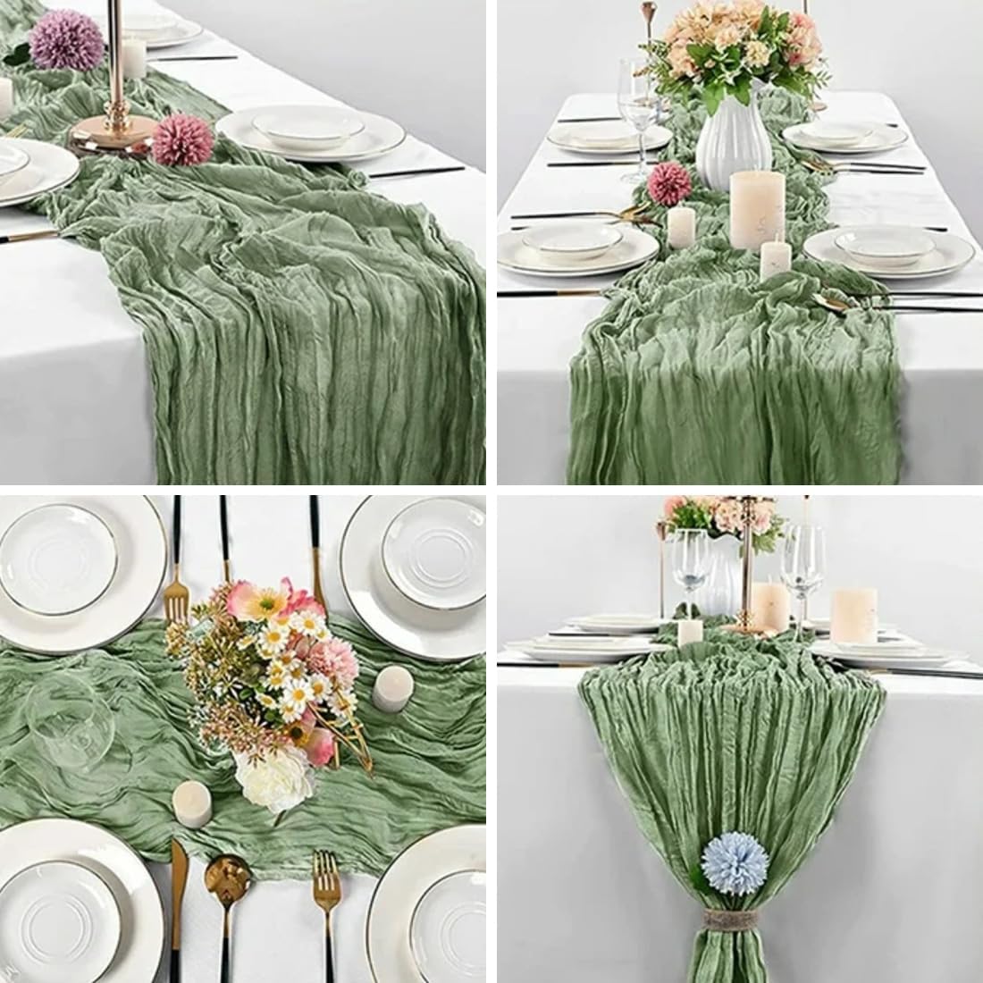 Sage Green Cheesecloth Table Runner -21*120Inch Long Boho Wedding Table Decor, Rustic Gauze Fabric Runner for Bridal Showers, Baby Showers & Parties (Sheer, Lightweight, Wrinkled Design)