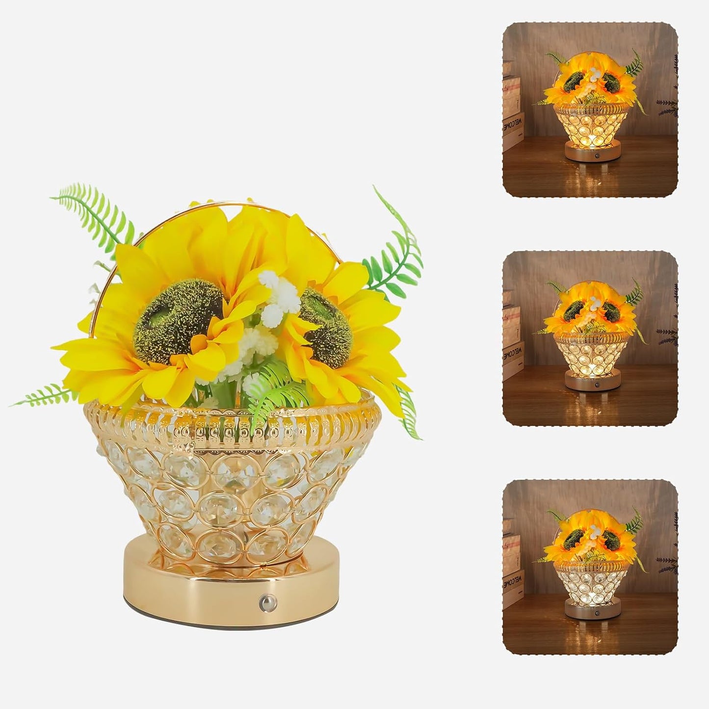 Birthday Gifts for Women, Gift Basket for Mom Sunflower Cordless Table Lamp,3 Color Crystal Lamps Touch Bedside Lamps Infinitely Dimming with USB Charge Small Night Light for Bedroom