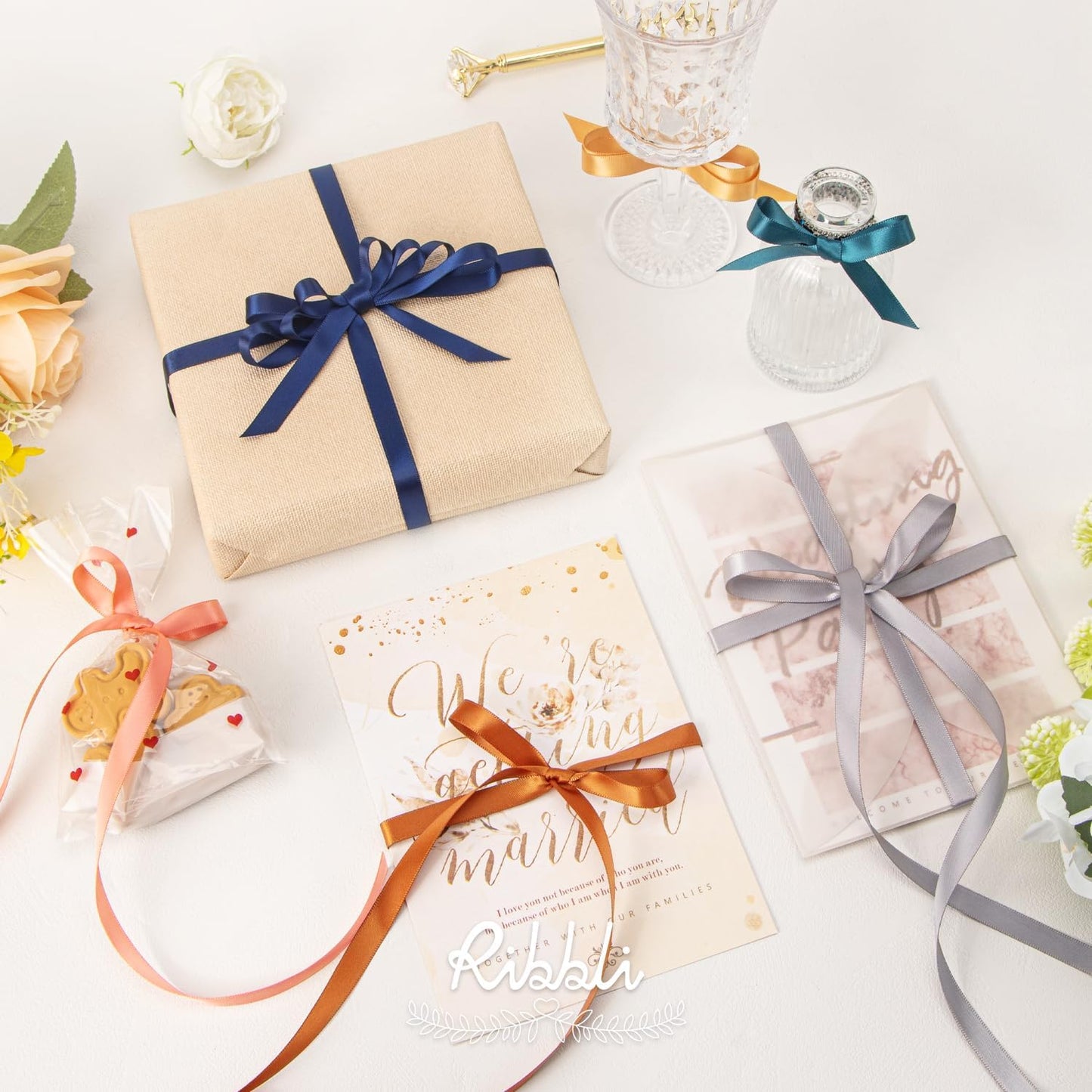 Ribbli Double Faced Navy Satin Ribbon,3/8” x Continuous 25 Yards,Use for Bows Bouquet,Gift Wrapping,Floral Arrangement