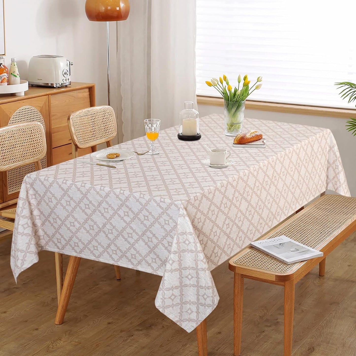 MYSKY HOME Checkered Rectangle Tablecloth 60x120 Inches - Linen Farmhouse Tablecloth Waterproof Decorative Fabric Table Cloth for 8 Feet Table, Kitchen Dining and Outdoor Use, Brown