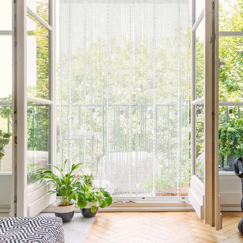 Hysenm Door String Curtains 39x79 Inch White Panel Soft Balls Romantic Glitter Fringe Room Divider Home Décor Wedding Girls Bedroom Window Living Room Backdrop Party Doorways Closet