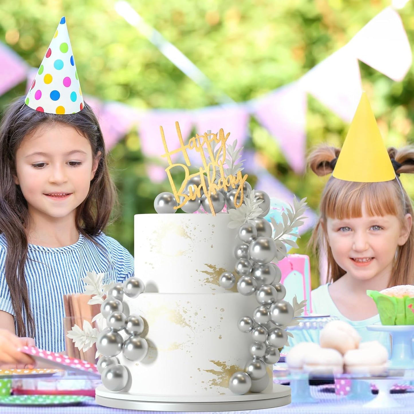 MIAHART Ball Cake Toppers Boho Grass Cake Topper Ball Cake Insert Decoration for Birthday Wedding Baby Shower Party Decorations Boho Themed Party Supplies (Silver)