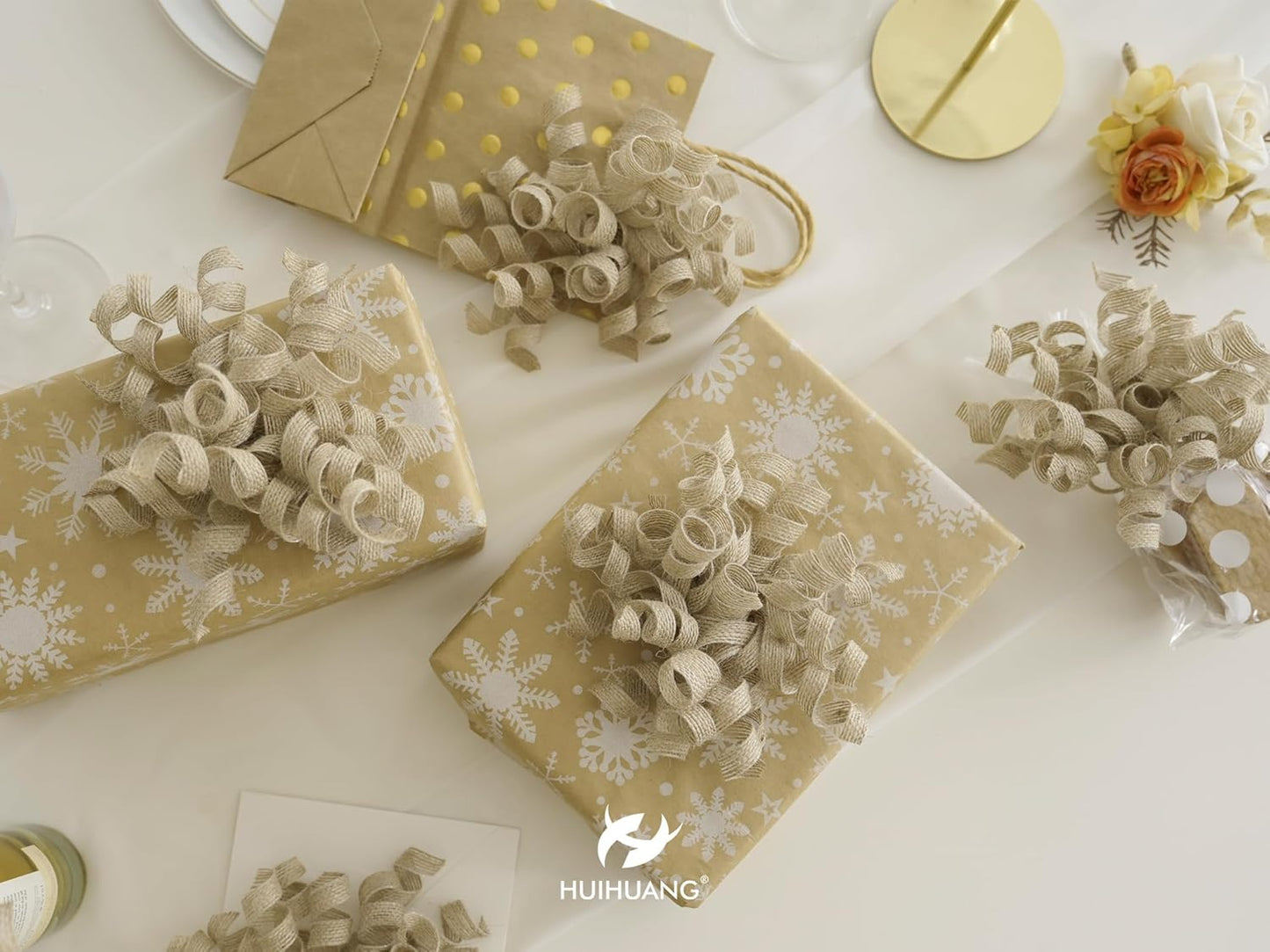 HUIHUANG Burlap Gift Bows Curly Bows for Gift Wrapping Self Adhesive Burst Gift Bow for Baby Shower, Wedding, Birthday Party Favors, Christmas Presents - 5 inch x 6 Counts