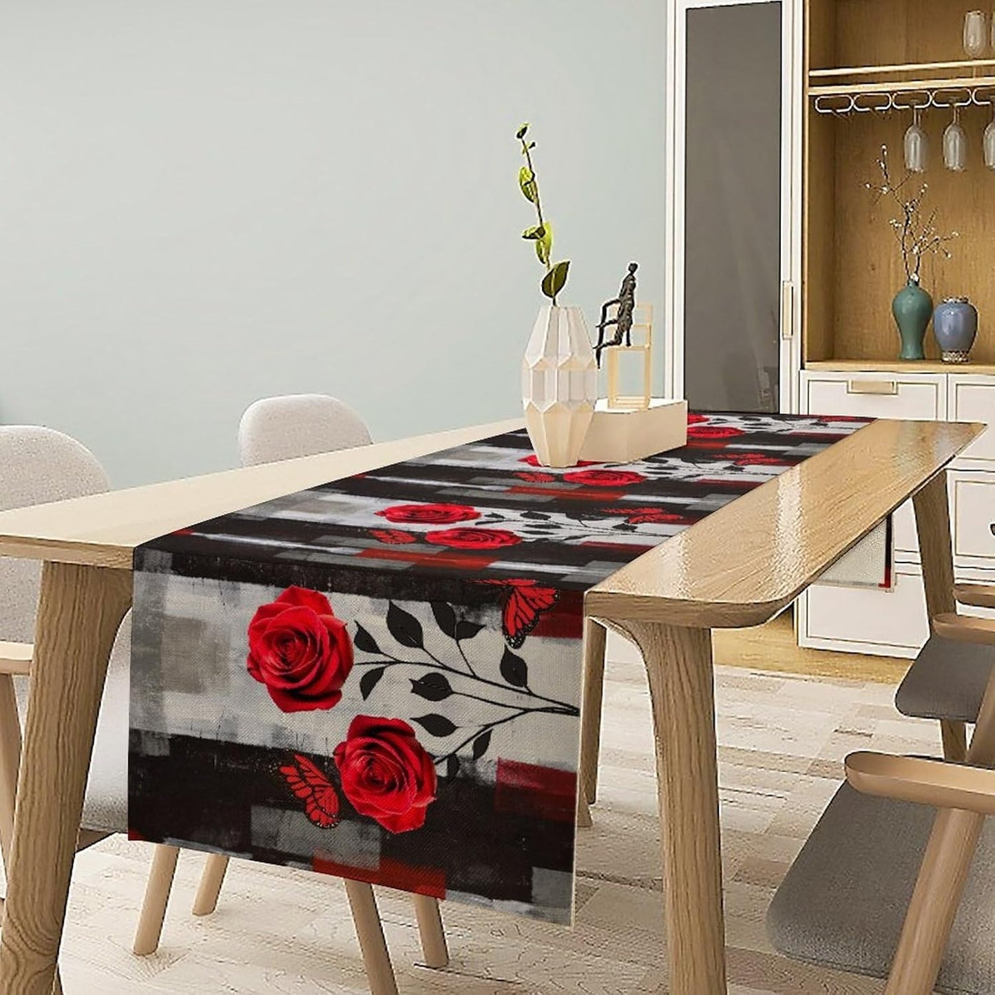 Abstract Art Rose Table Runner, Red Roses Floral Butterfly Black Red Grey Ink Background Pattern Kitchen Dinning Table Runner for Indoor Outdoor Home Wedding Party Holiday, 13x90 Inch
