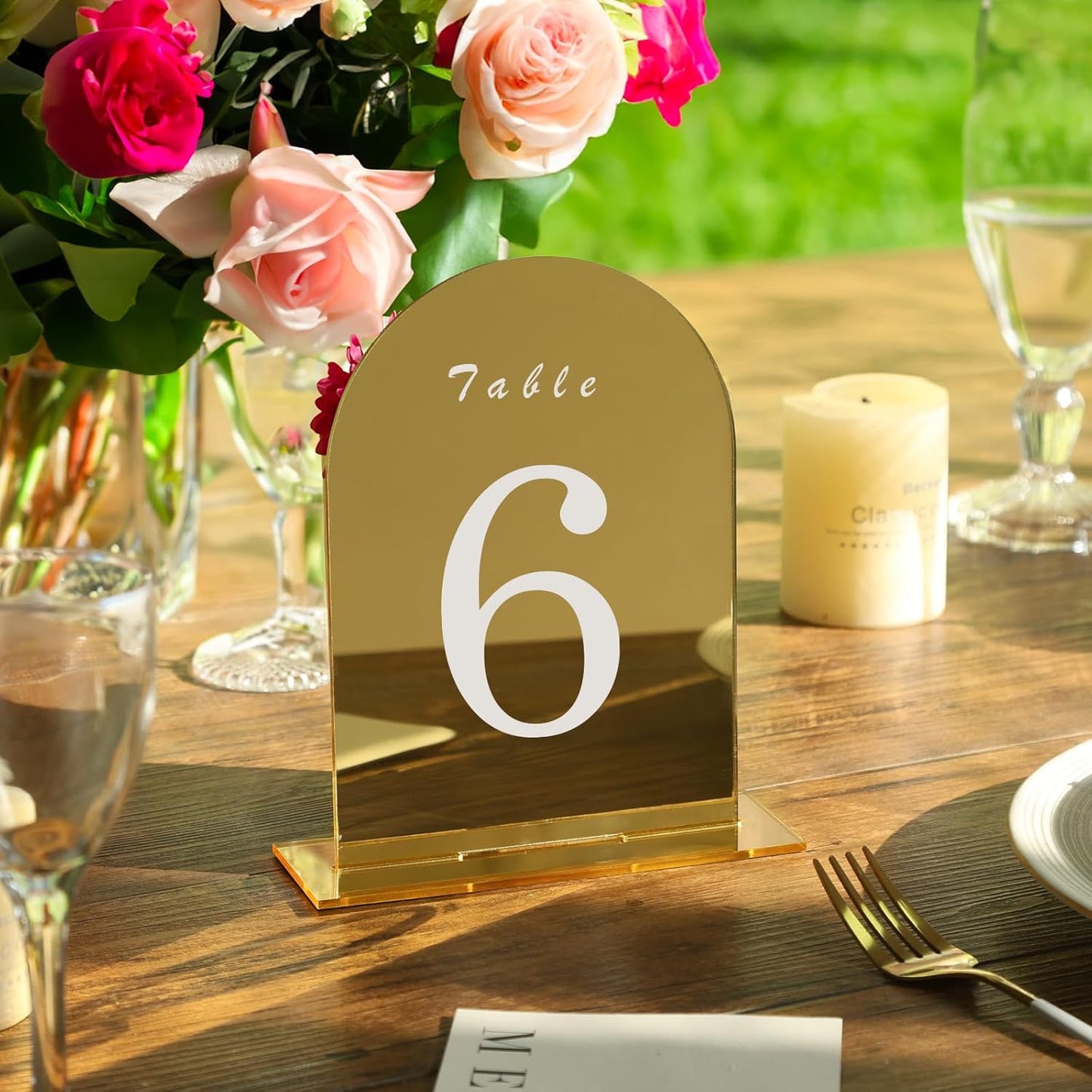 UNIQOOO 10 Pack Acrylic 5x7 Gold Mirror Arch Table Sign for Wedding with Holders, 1/8 in Thick, DIY Blank Arch Sign Sheet Perfect for Decoration, Party,Anniversary, Event, Stand Included