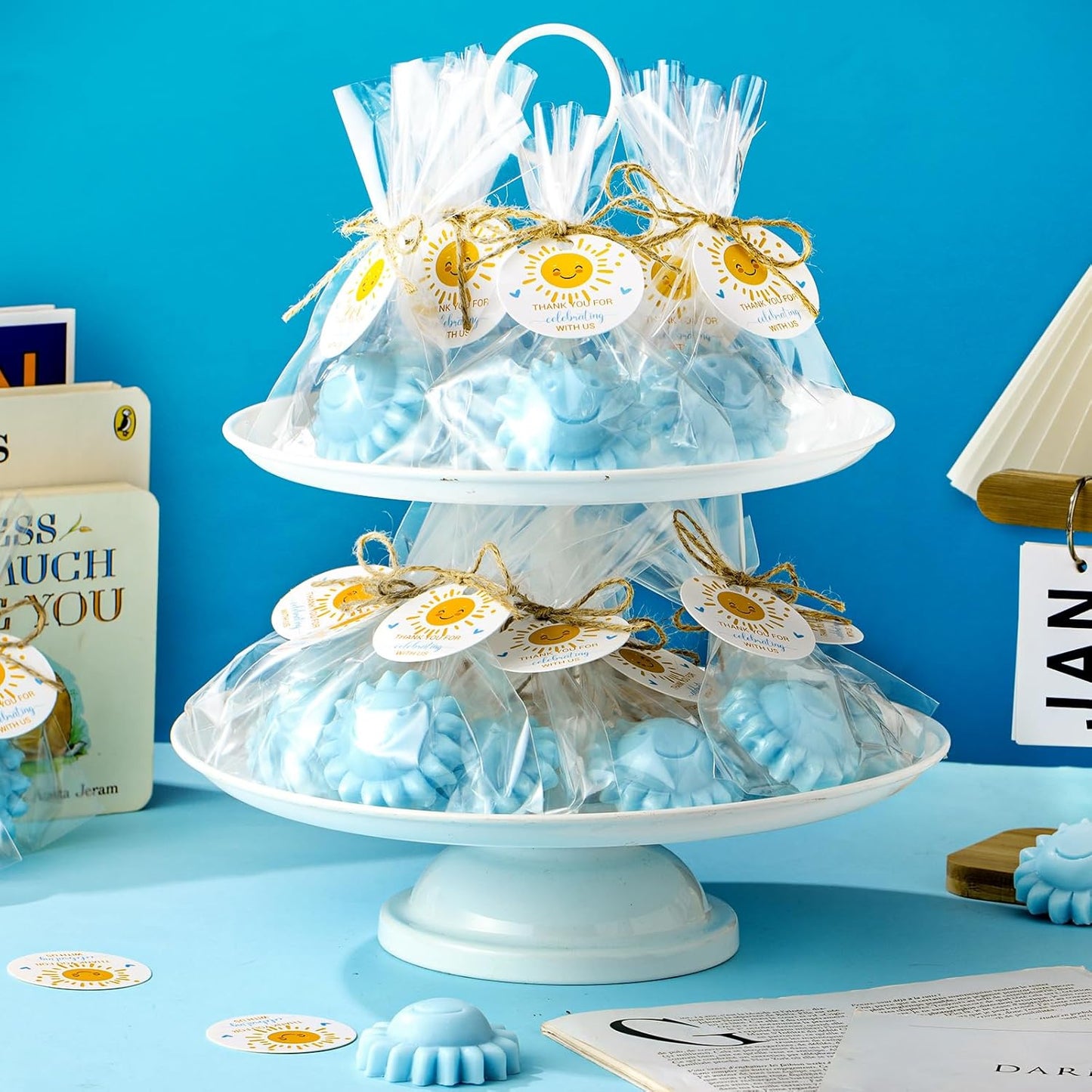 Demissle 40 Pcs Sun Soap Baby Shower Favors for Sunshine Party Here Comes the Son Baby Favors Mini Handmade Soap Gifts with Thank You Card for Guest Gender Reveal Party Decor(Blue)