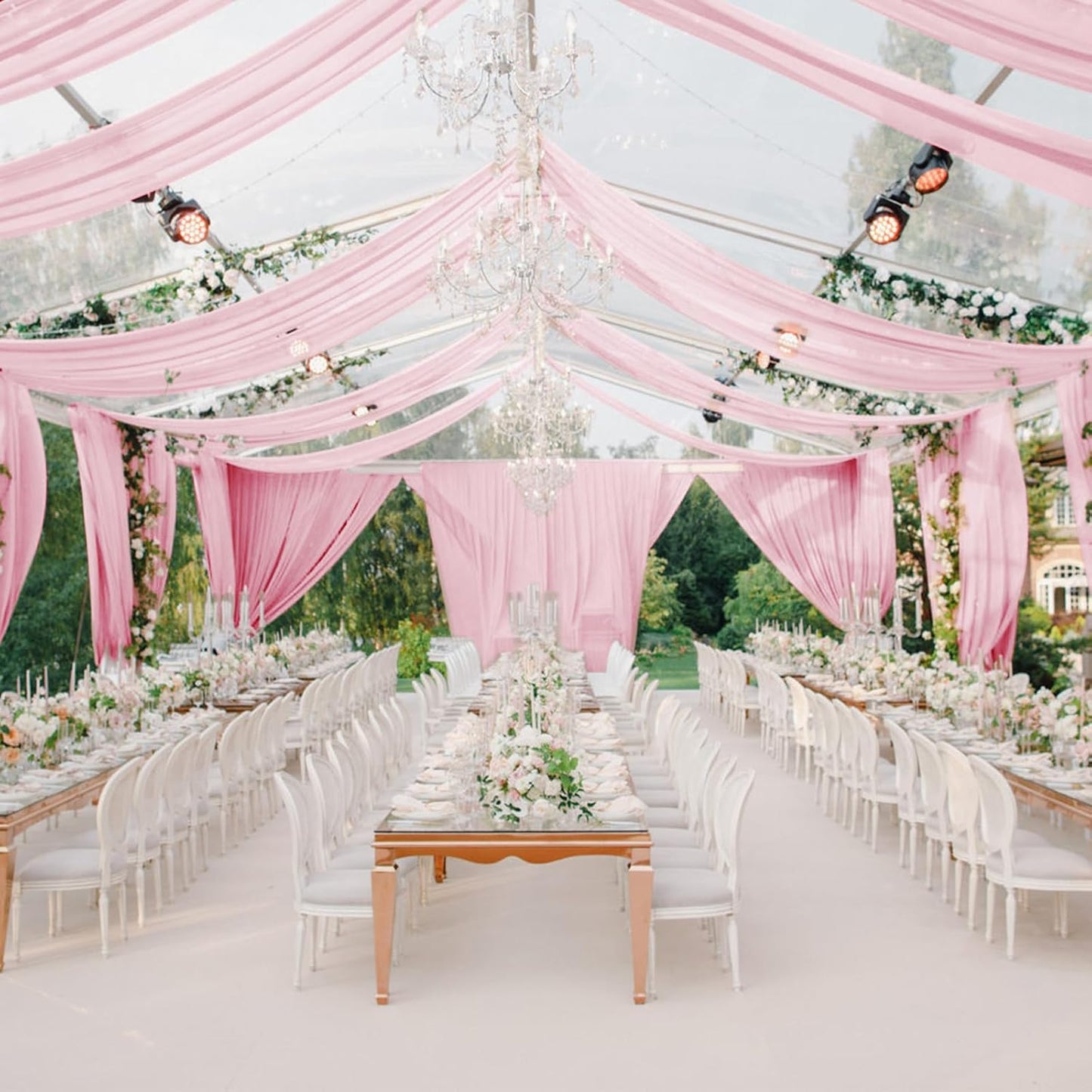VOK Pink Wedding Arch Draping Fabric Chiffon Curtains, 29in x 18Ft Sheer Chiffon Outdoor Curtain for Wedding Ceremony Birthday Party Decoration (Light Pink,4 Panel)