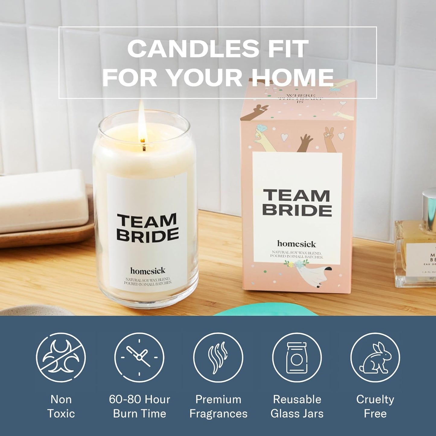 Homesick Scented Candles for Home (Team Bride) - 13.75 oz Long-Lasting Natural Soy Wax Blend Jar Candle Gifts for Women & Men, 60-80 Hours Burn Time - Notes of Linen, Beach Plum & Lily of The Valley