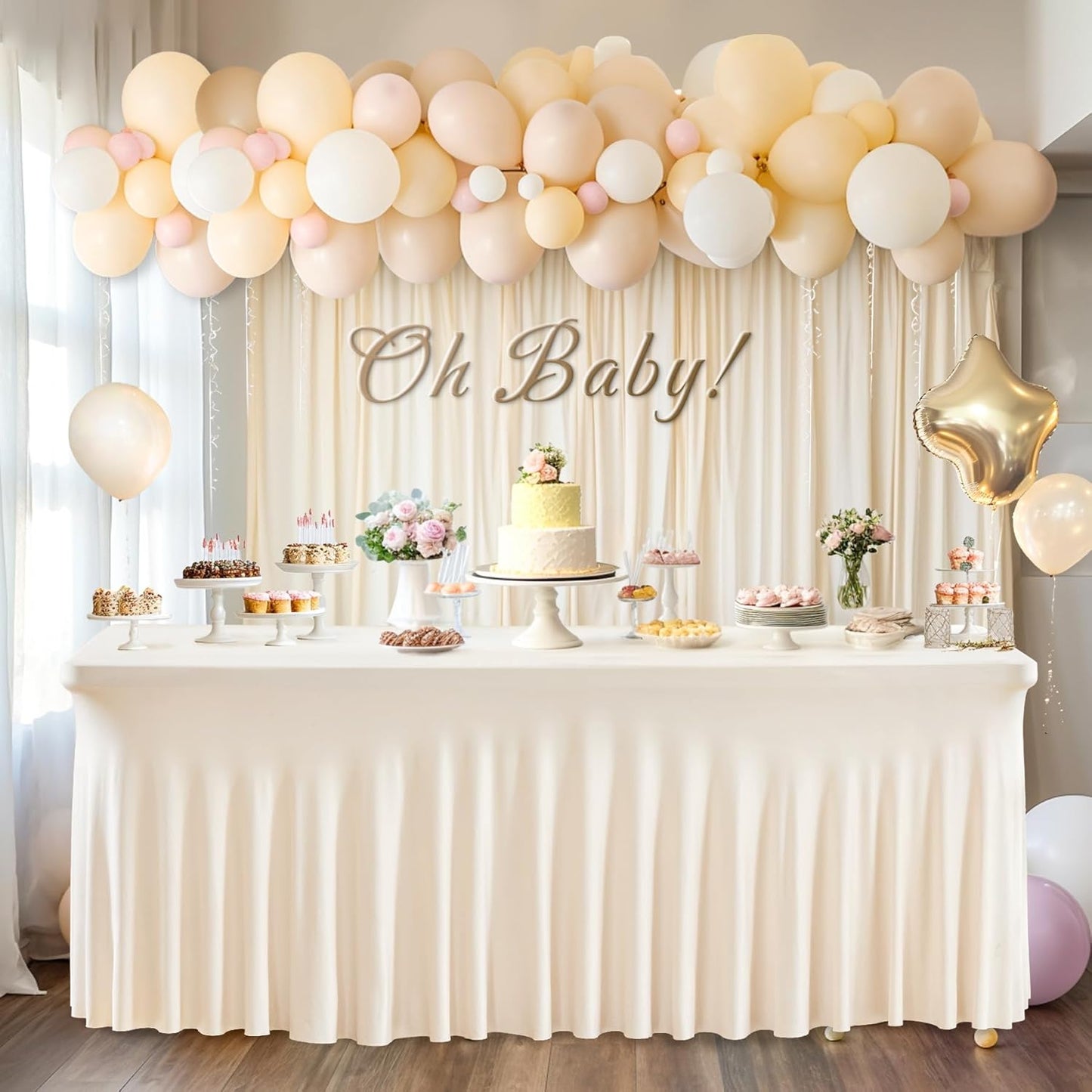 Wish Care 6 Pack Ivory Spandex Table Clothes for 6Foot Rectangle Tables, 6FT Wrinkle Free Fitted Tablecloths Ruffles Design Table Cover for Party, Banquet, Wedding and Events